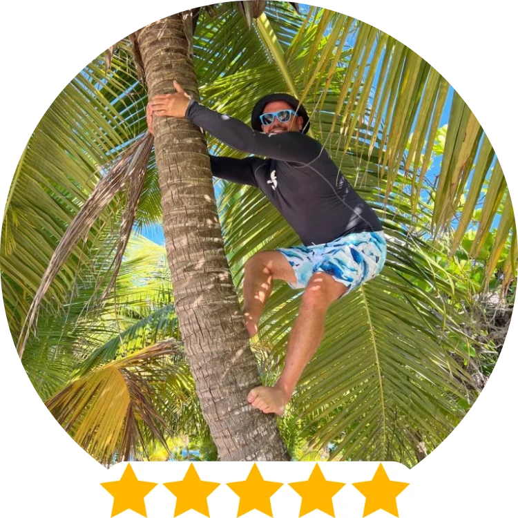 Person climbing a palm tree wearing scuba diving swim trunks with a five-star rating below
