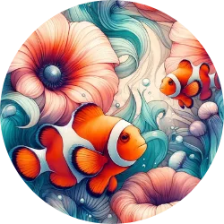 Clownfish Gardens Swimwear Print by The DIve Compass, clownfish and blooming flower print for scuba diving swimwear