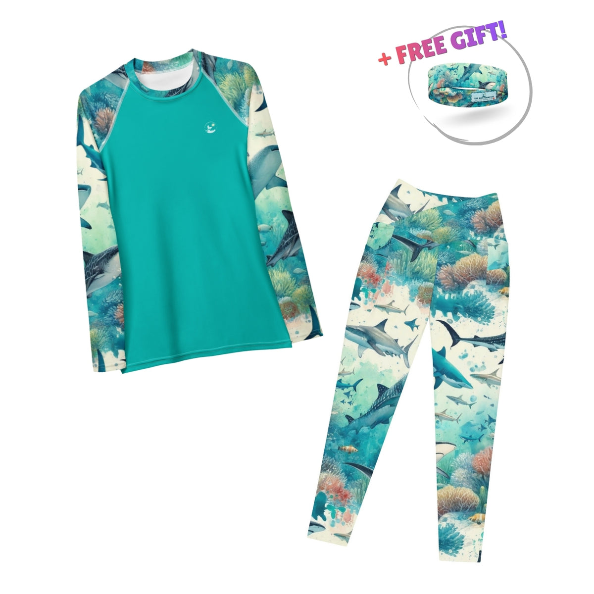 Dive Skins Set - Rash Guard + Scuba Leggings (with Pockets!) - Shark Frenzy