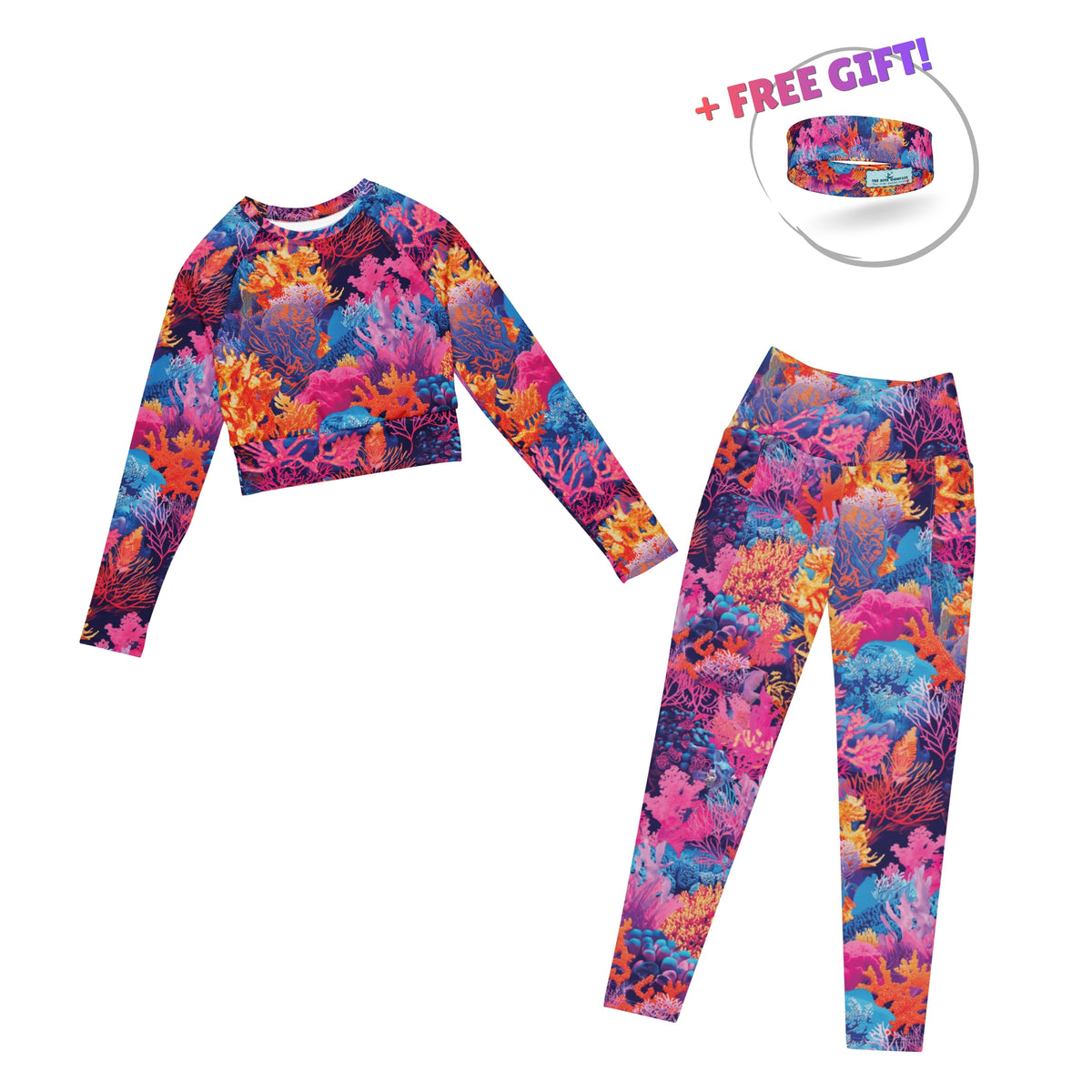 Dive Skins Set - Cropped Rashie + Scuba Leggings (with Pockets!) - Fire Corals