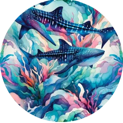 Electric Whale Shark Swimwear Print by The Dive Compass, whale shark swimsuits for scuba divers and ocean lovers