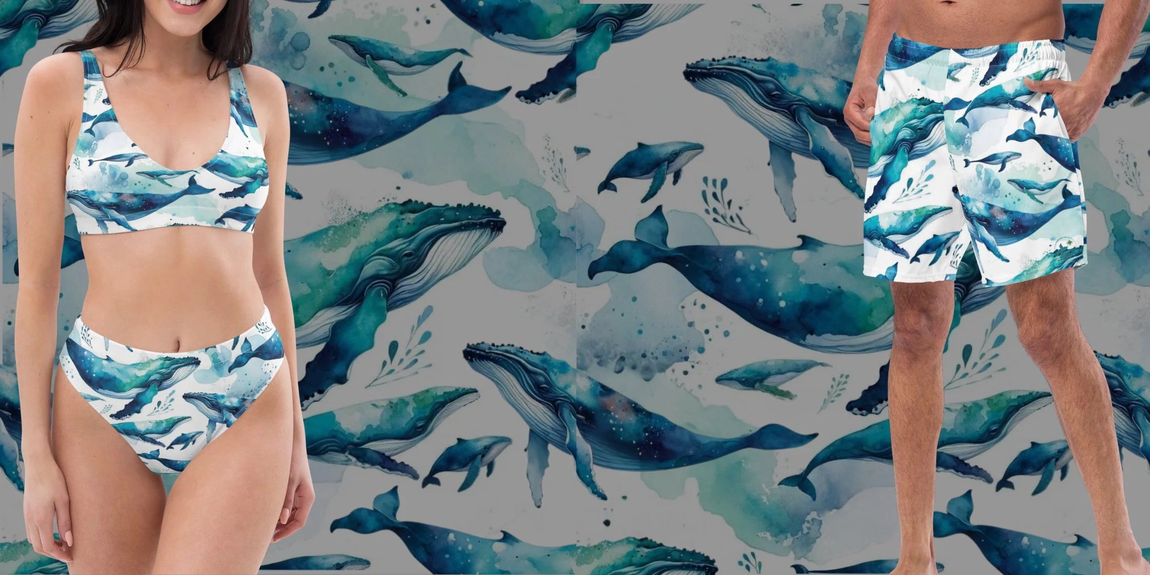 Humpback Dreams swimwear collection by The Dive Compass. Woman is wearing a Humpback Whale swimsuit while a man is wearing Humpback Whale swim trunks on a background with the Humpback Dreams swimwear collection.