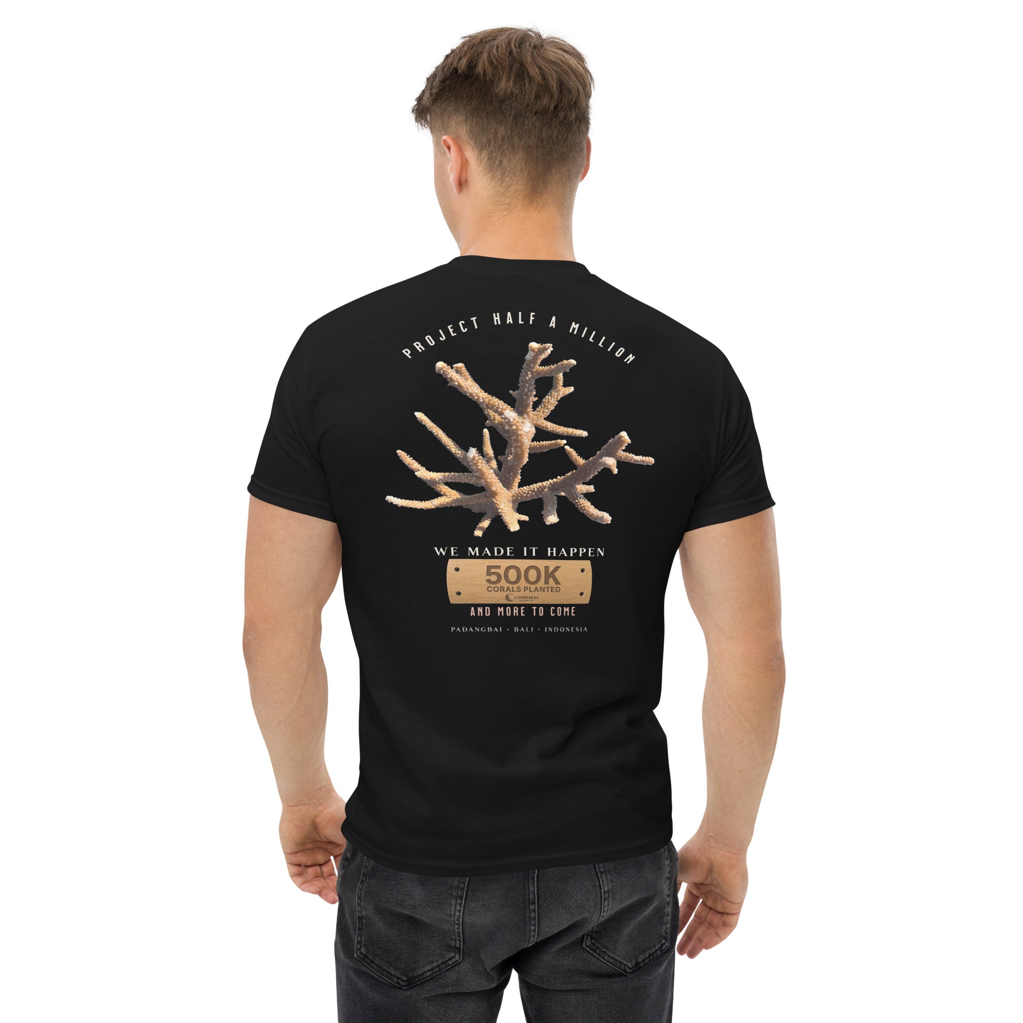 Product mockup Livingseas coral restoration tshirt, 500K corals planted, your order plants corals