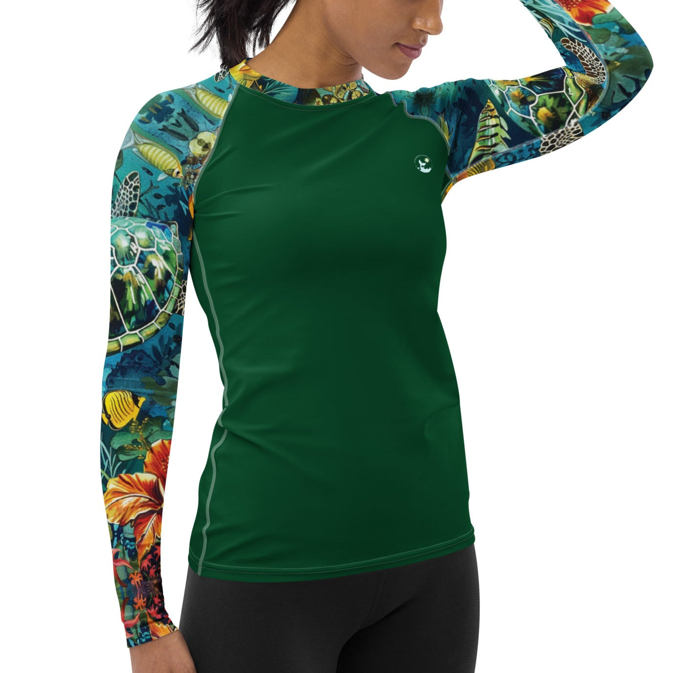 - Maldives Women's Rash Guard for scuba divers.
- UV Rash Guard with full sun protection, UPF 50+.
- Dive skin and sun shirt.
- Rash Guard for Maldives lovers, sea turtles, and coral reefs.
- Rash Guard with full sun protection for scuba divers, ocean lovers, free divers, and snorkelers.