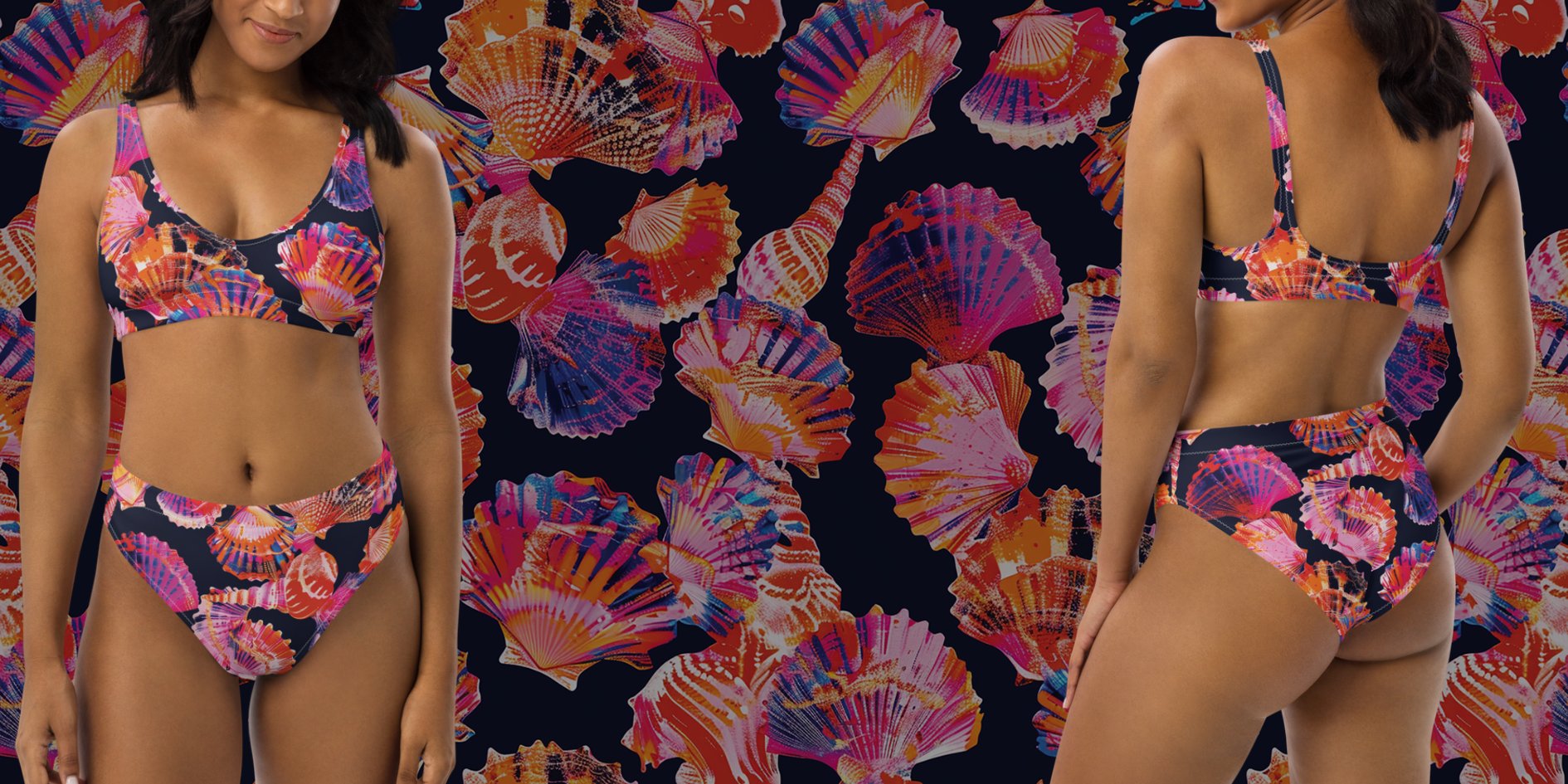 Neon Shells Swimmer Collection by The Dive Compass. Two women wear bright pink shell swimsuits.