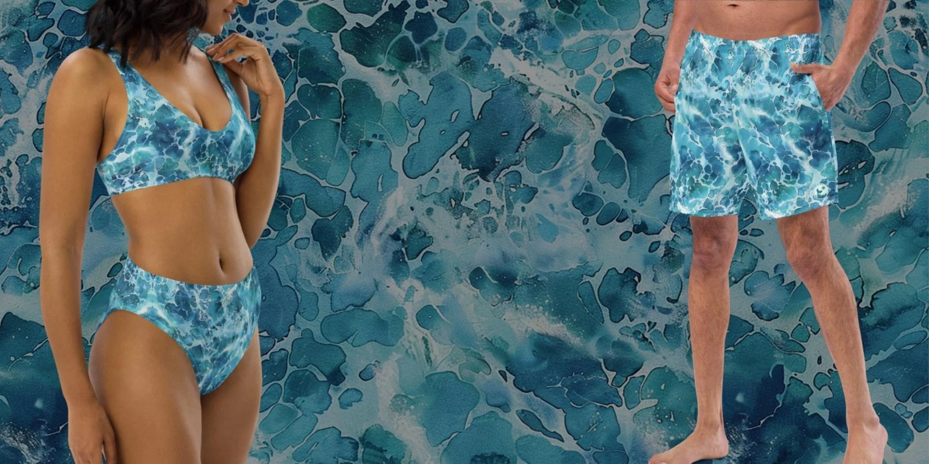 Ocean Serenity swimmer collection by The Dive Compass. Woman is wearing a blue ocean-themed swimsuit, while the man is wearing blue ocean-themed swim trunks depicting the ocean for ocean lovers, swimmers, scuba divers, free divers, and snorkelers.