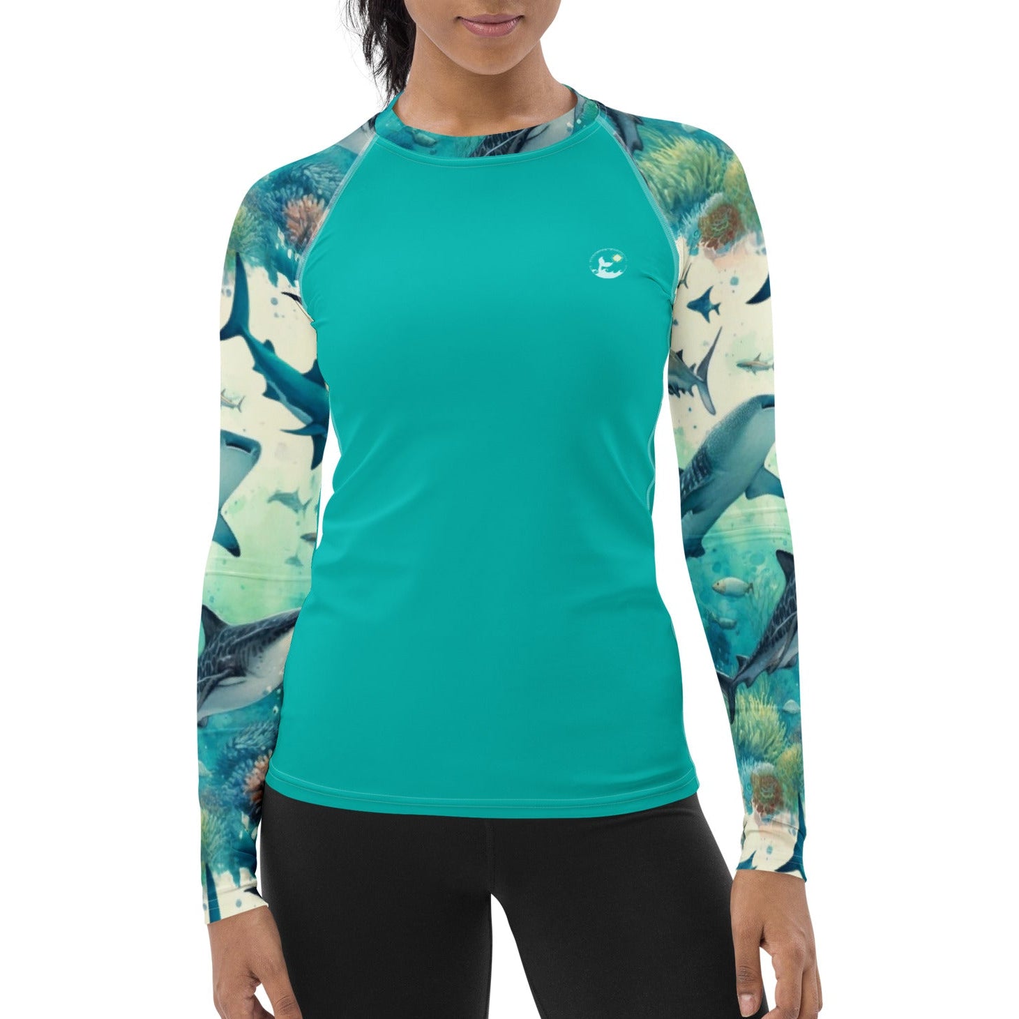 Shark Frenzy Women's Rash Guard for scuba divers. UV Rash Guard with full sun protection, UPF 50+. Dive Skin and Sun Shirt. Rash Guard for shark lovers.