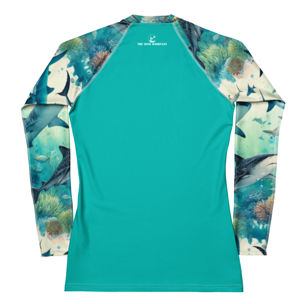 Shark Frenzy Women's Rash Guard Product Mockup Back: UV Rash Guard with full sun protection, UPF 50+, Dive Skin and Sunshirt