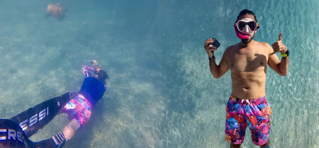Men's recycled swim trunks made for snorkeling, diving, and the ocean.