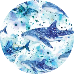 Circular design with blue whale shark illustrations on a watercolor background