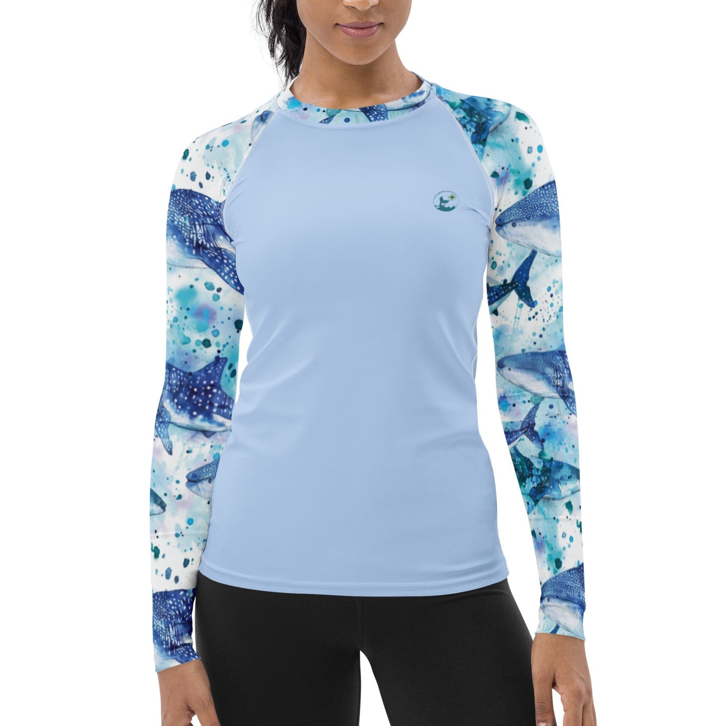 Whimsical Whale Shark Women's Rash Guard for scuba divers. UV rash guards with full sun protection for scuba divers and ocean lovers. Dive skins and sunshirts