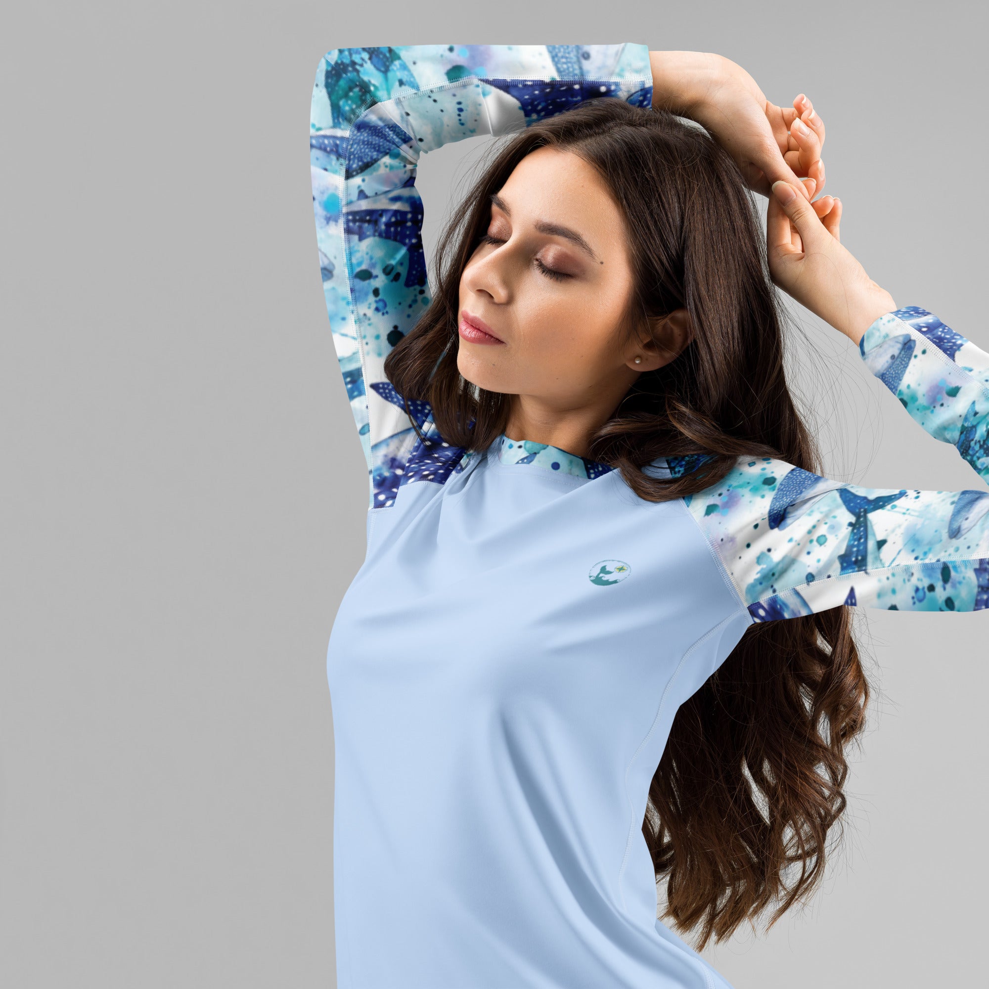 Product mockup. Whimsical Whale Shark Women's Rash Guard Product Mock-up: UV Rash Guard for scuba divers. Rash guard with UPF 50+ full sun protection, dive skins and sun shirts