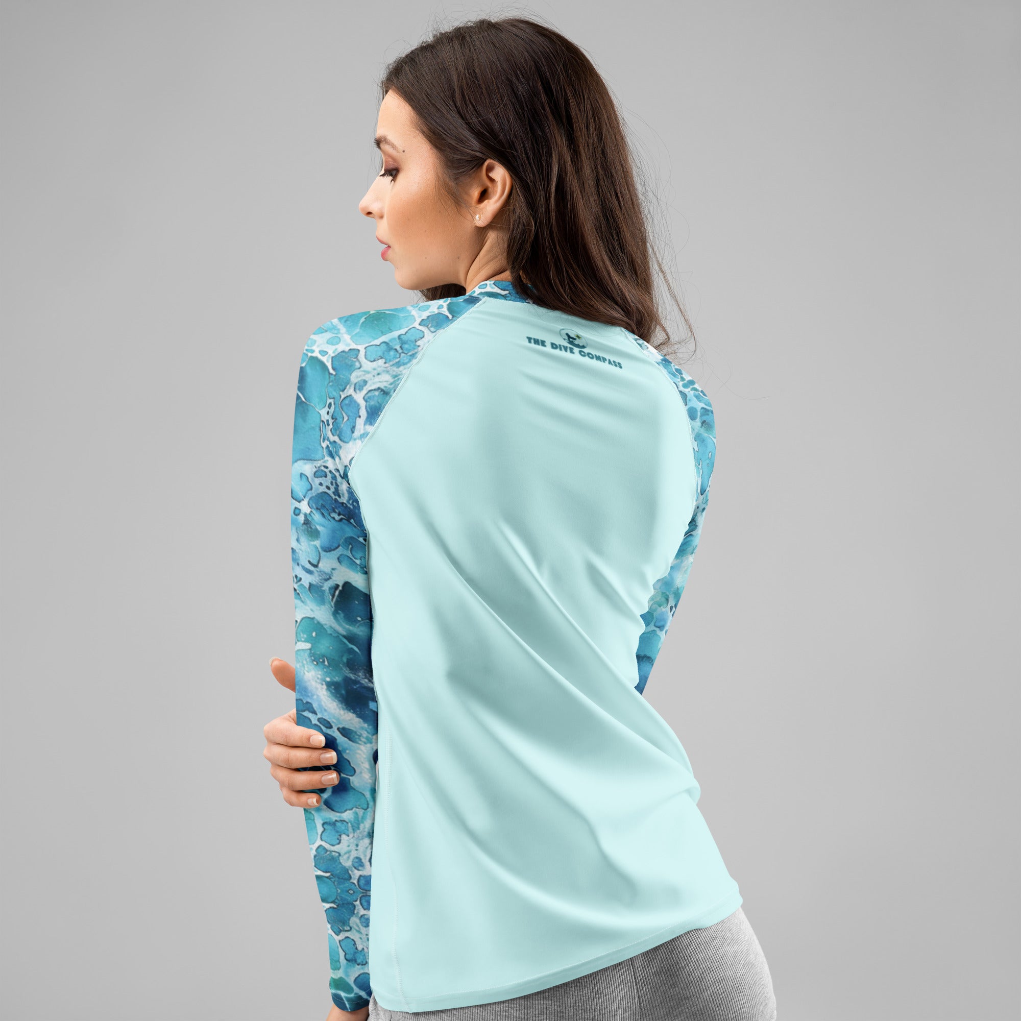 Product mockup UV rash guard for women, ocean serenity women's rash guard with full UPF 50 sun protection for scuba divers, dive skin, sun shirt