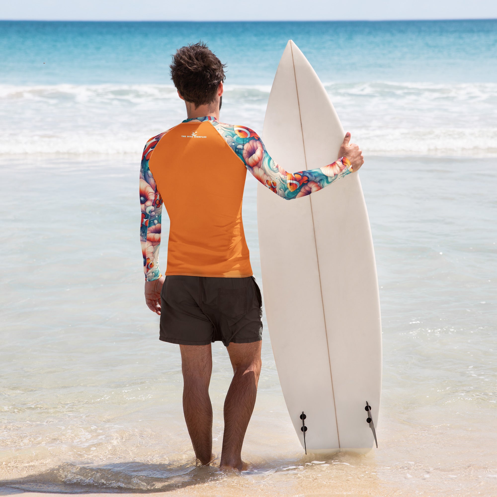 Clownfish Gardens Men's Rash Guard – back view – sustainable men's rash guard in soft recycled polyester for divers