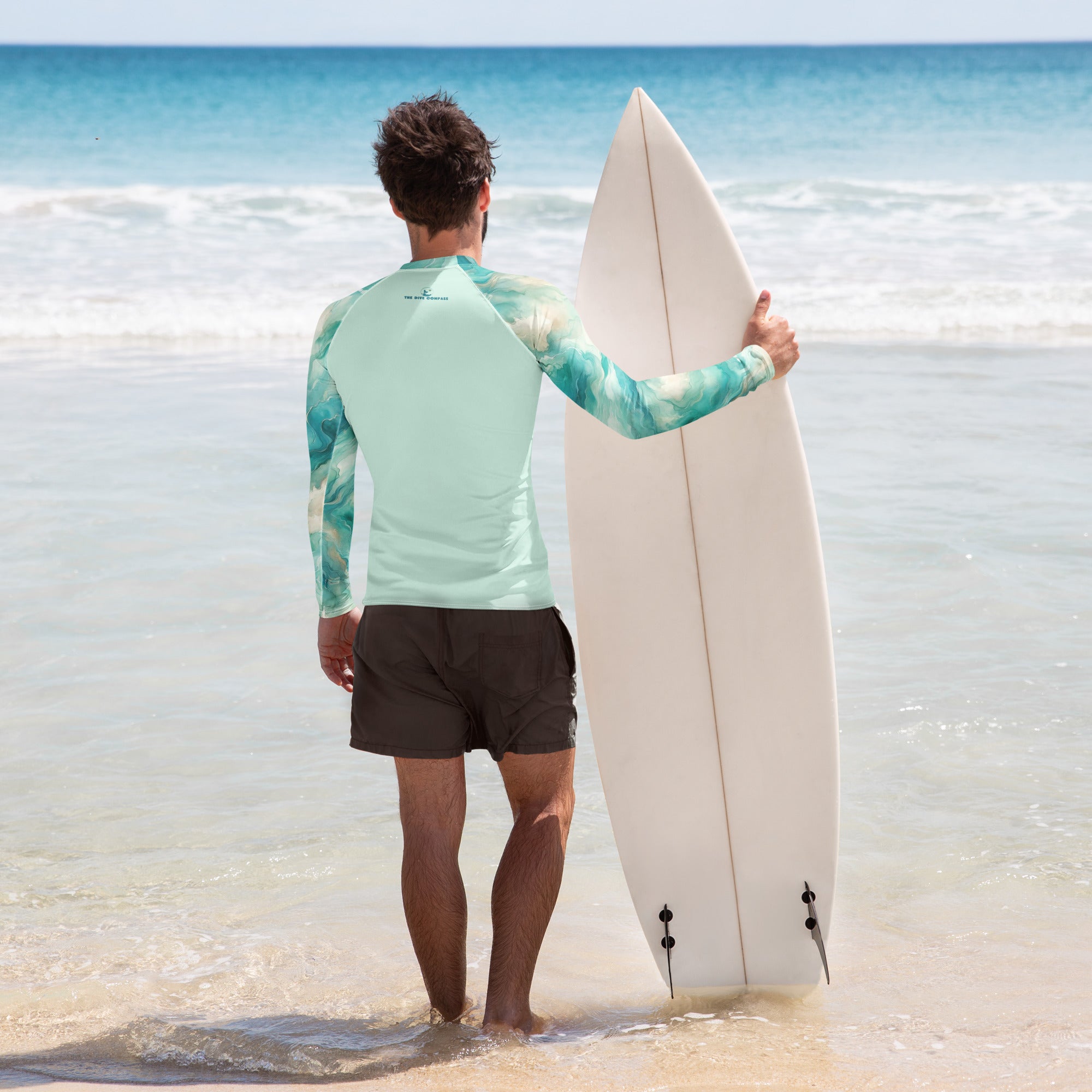 Turquoise Seas Men's Rash Guard – back view – sustainable men's rash guard in soft recycled polyester for divers