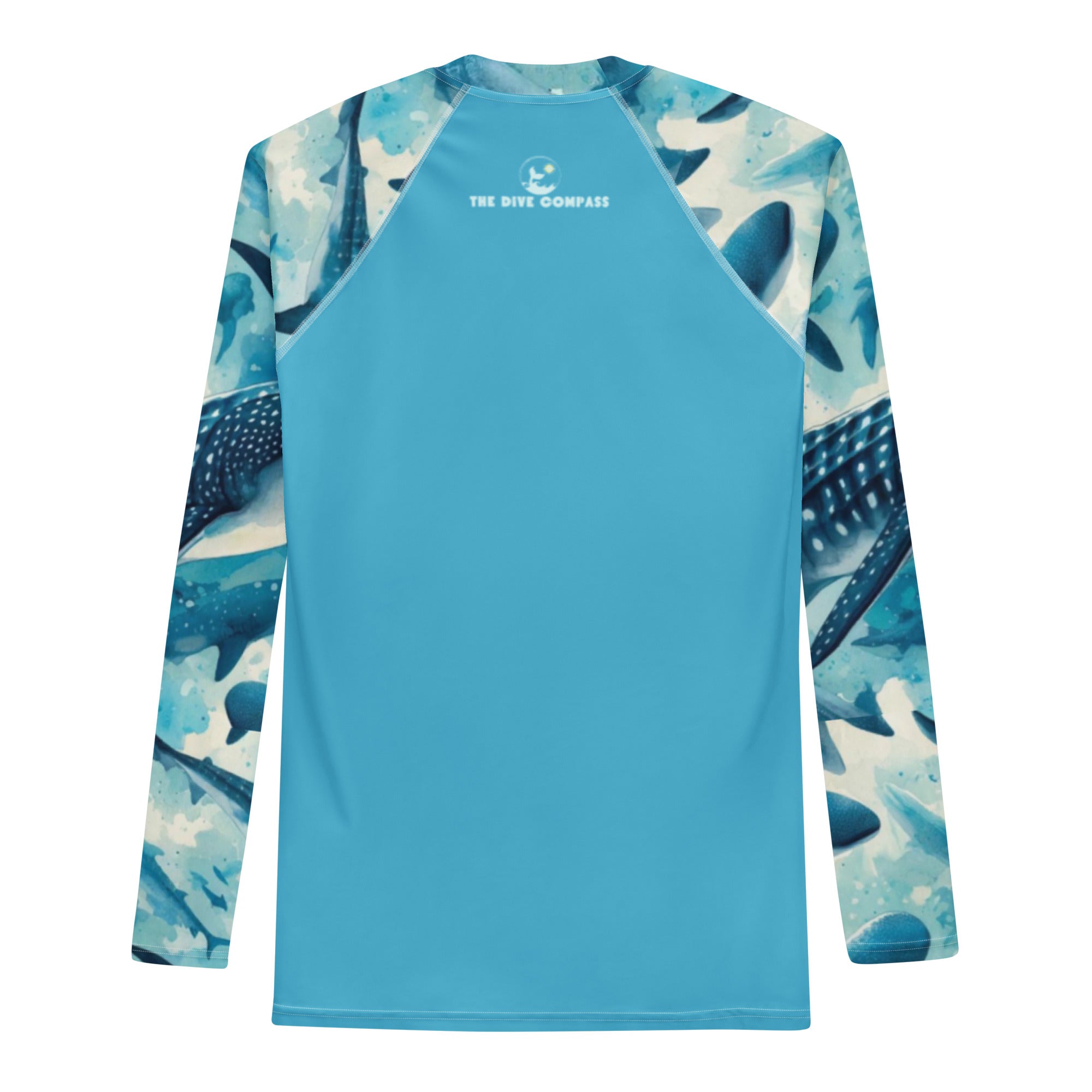 Whale Shark Blues Men's Rash Guard – back view – sustainable men's rash guard in soft recycled polyester for divers