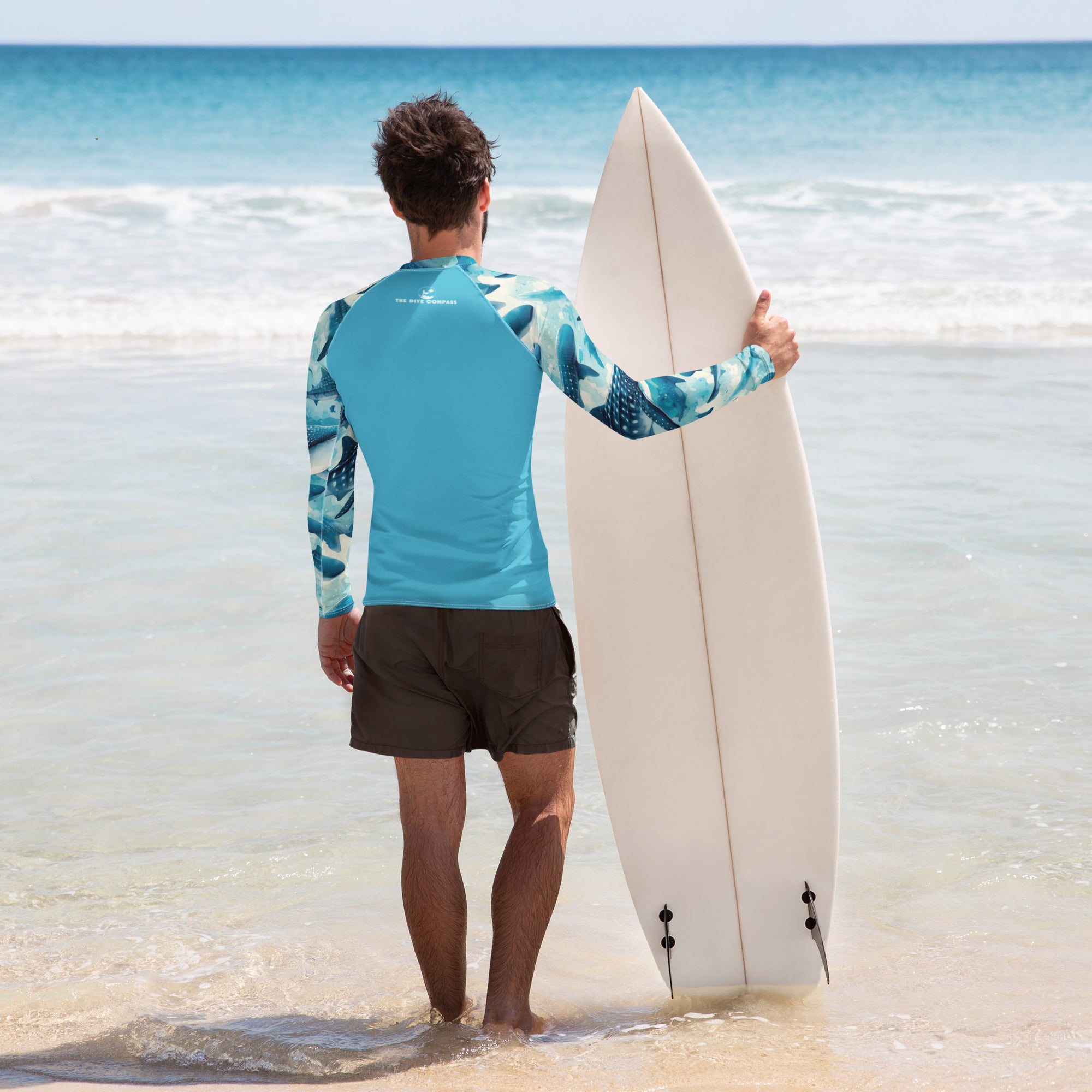 Whale Shark Blues Men's Rash Guard – back view – men's rash guard for snorkeling, freediving, and reef adventures