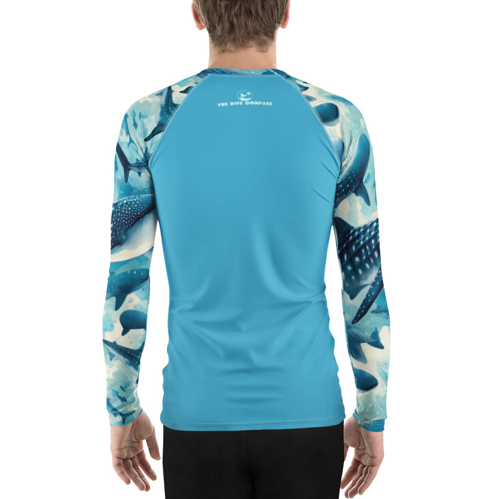 Whale Shark Blues Men's Rash Guard – back view – recycled men's rash guard for scuba diving and warm water snorkeling