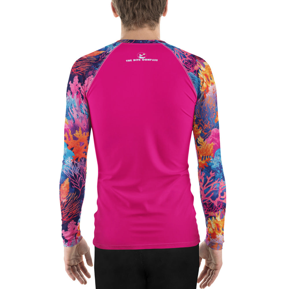 Fire Corals Men's Rash Guard – back view – recycled men's rash guard for scuba diving and warm water snorkeling