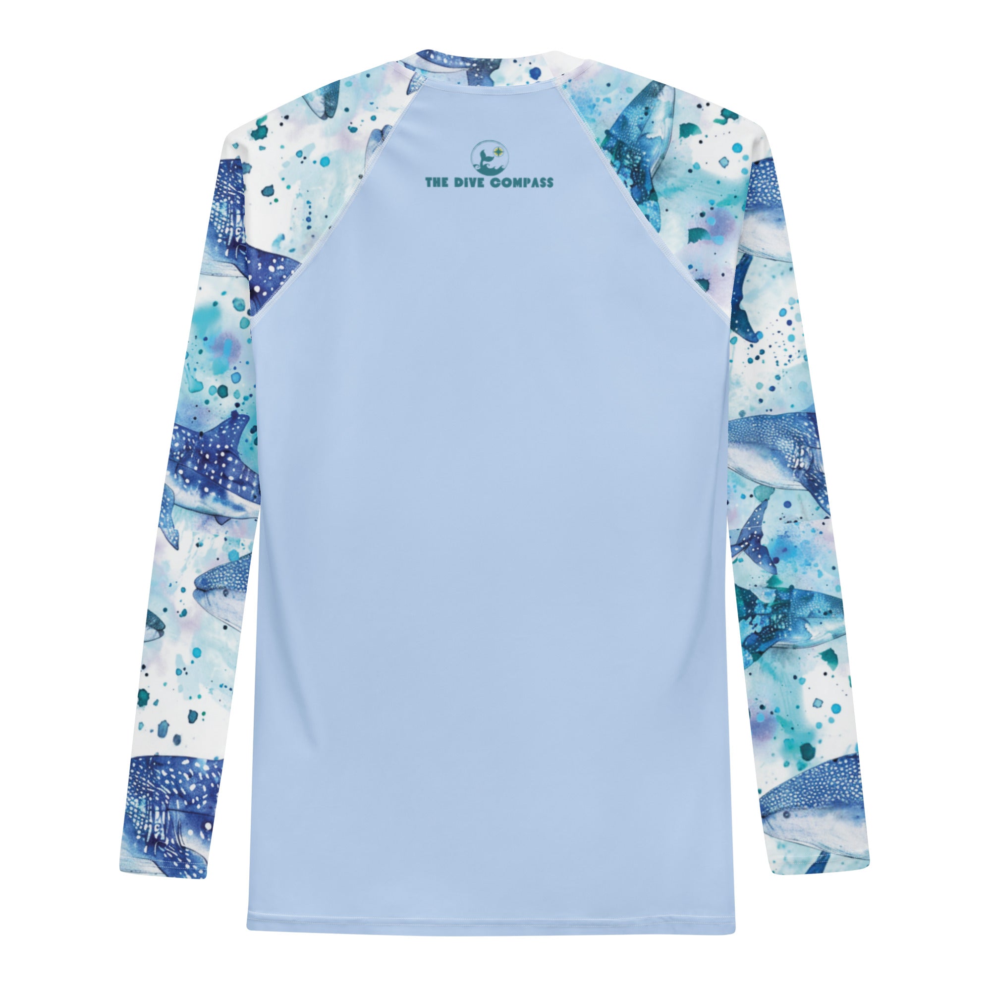 Whimsical Whale Shark Men's Rash Guard – back view – long sleeve scuba diving rash guard for men in warm tropical waters