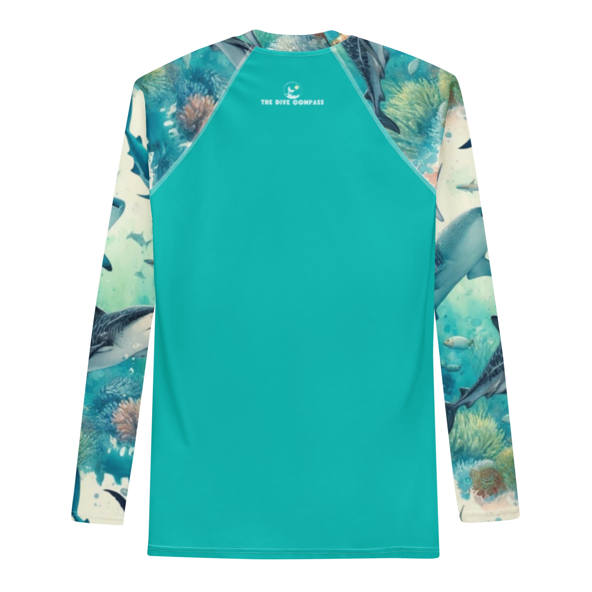 Shark Frenzy Men's Rash Guard – back view – sustainable men's rash guard in soft recycled polyester for divers