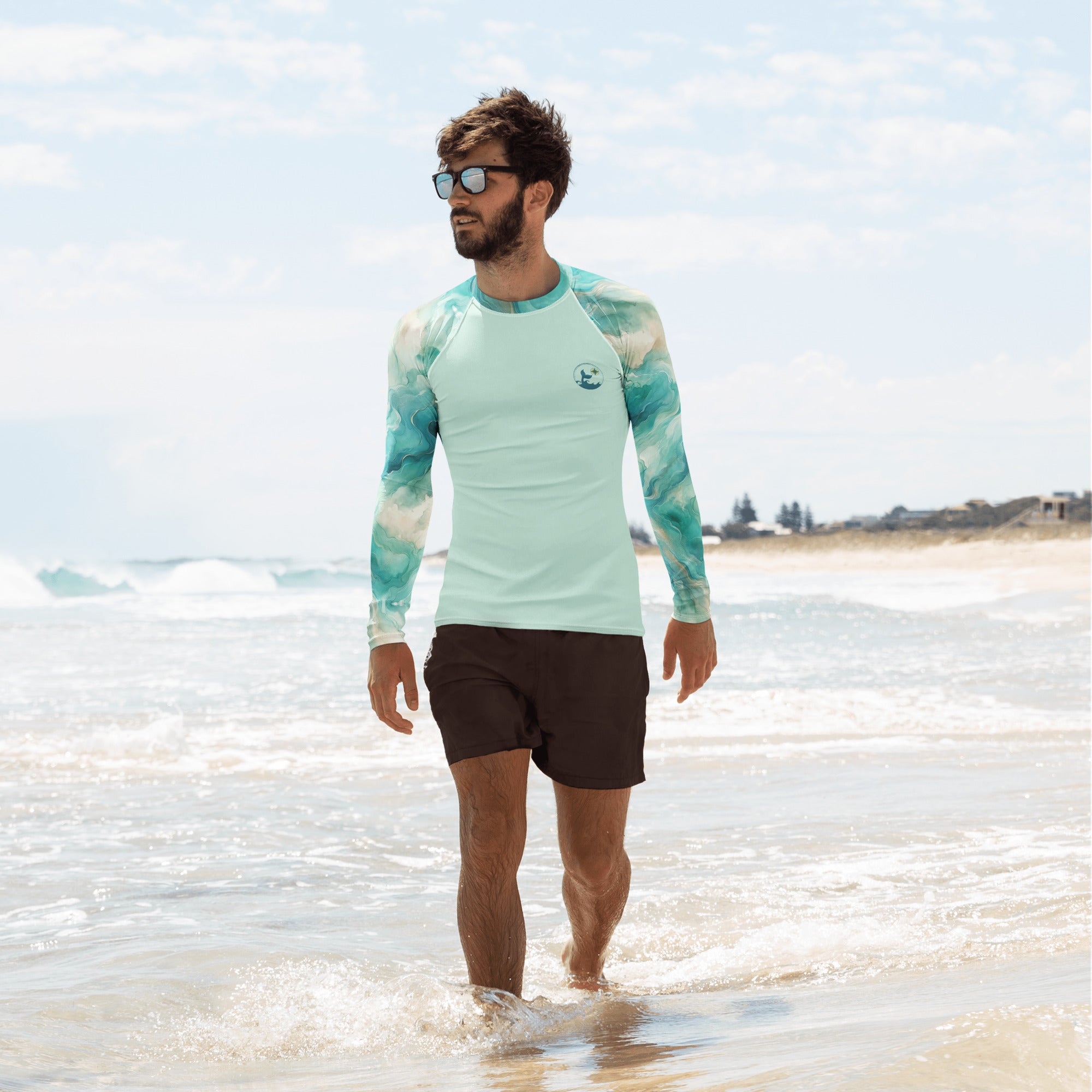 Turquoise Seas Men's Rash Guard – front view – men's rash guard that fits under a wetsuit for tropical reef diving