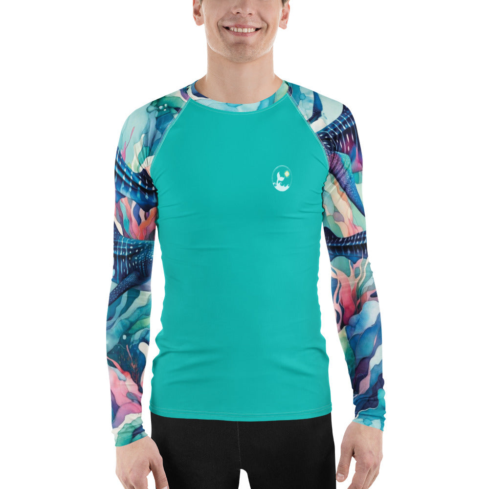 Electric Whale Shark Men's Rash Guard – front view – men's rash guard with UPF 50+ sun protection for scuba diving
