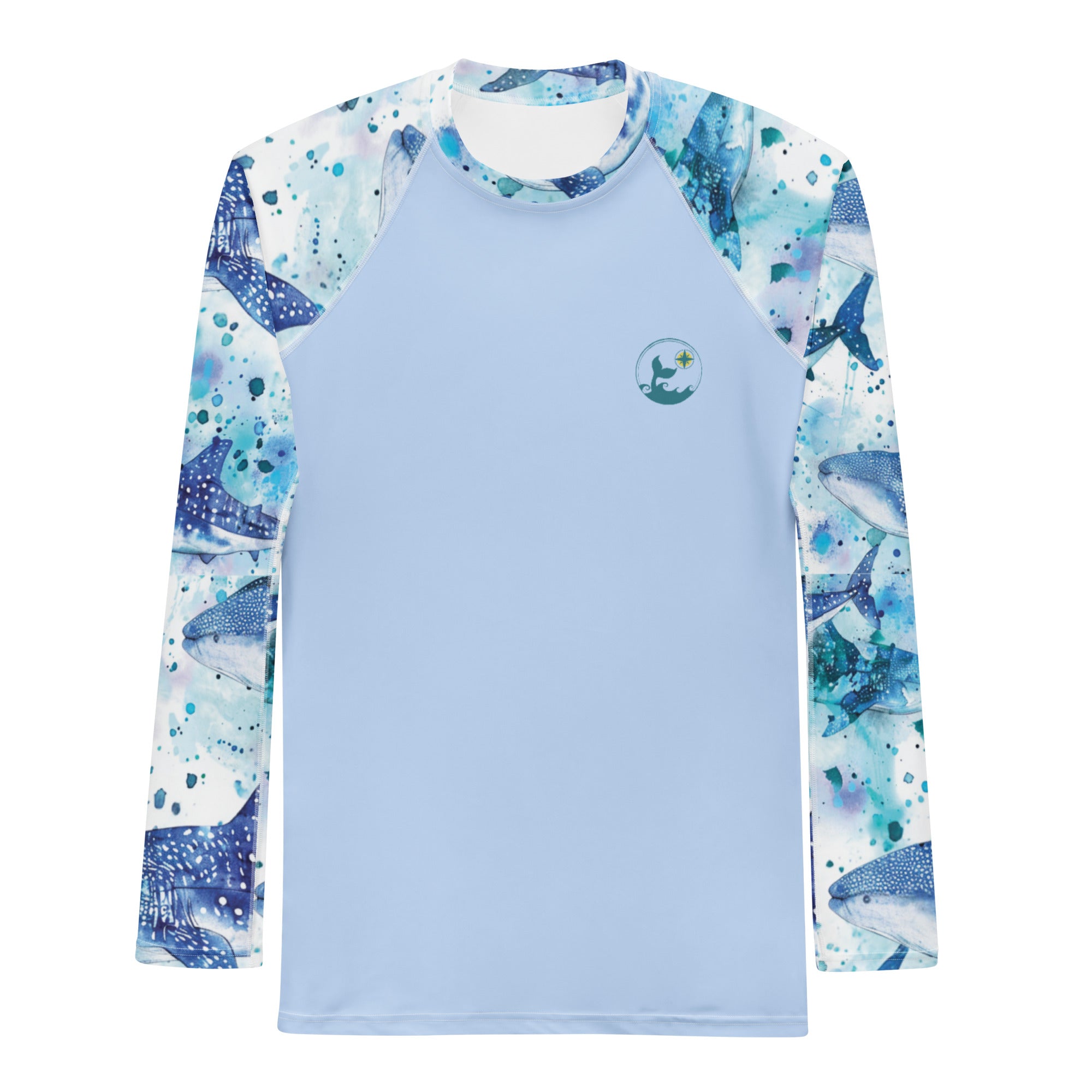 Whimsical Whale Shark Men's Rash Guard – front view – men's rash guard for snorkeling, freediving, and reef adventures