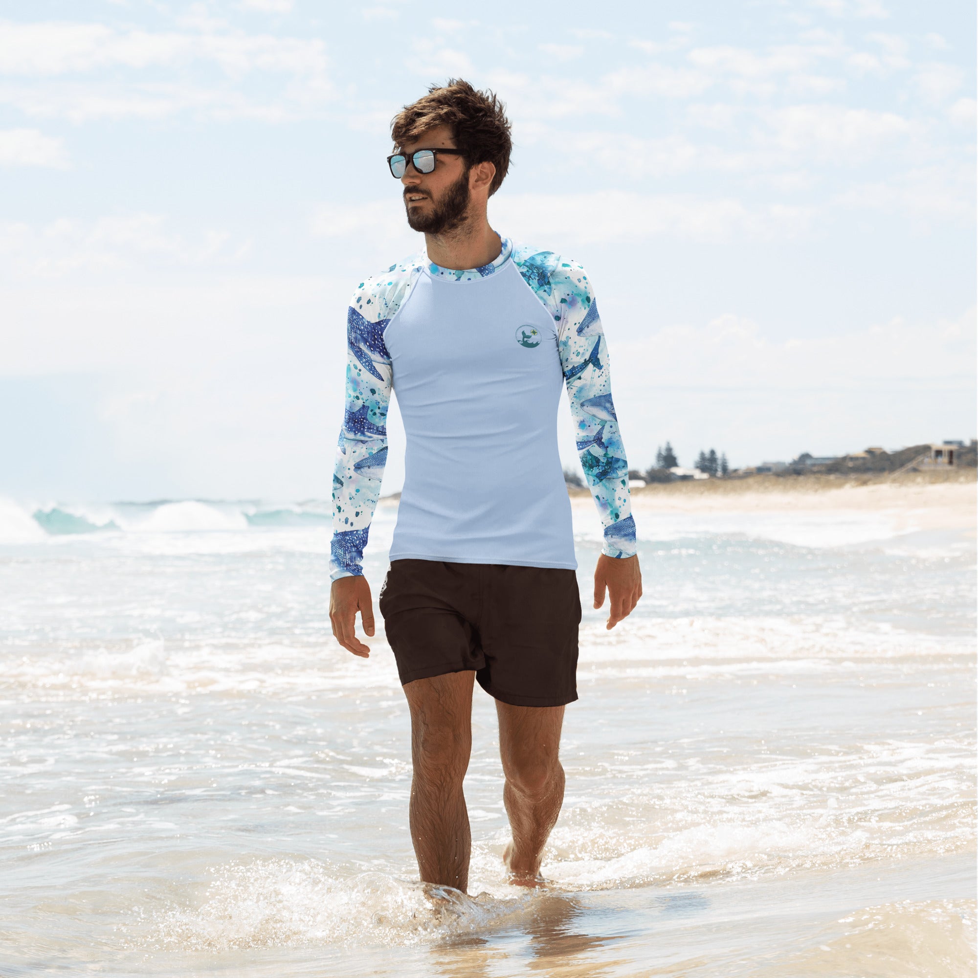 Whimsical Whale Shark Men's Rash Guard – front view – men's rash guard that fits under a wetsuit for tropical reef diving