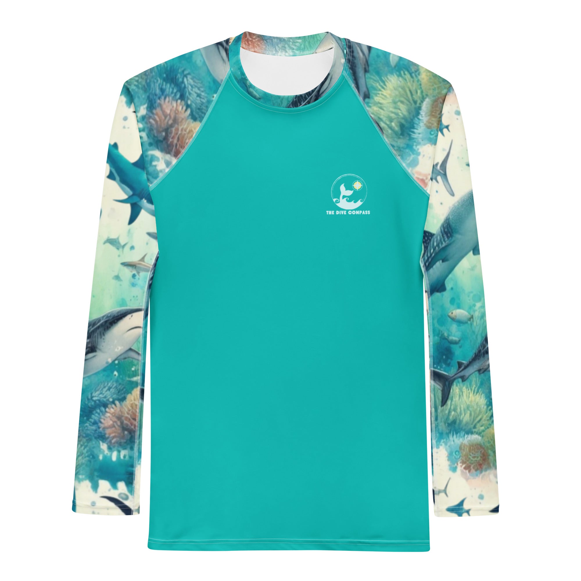 Shark Frenzy Men's Rash Guard – front view – men's rash guard that fits under a wetsuit for tropical reef diving