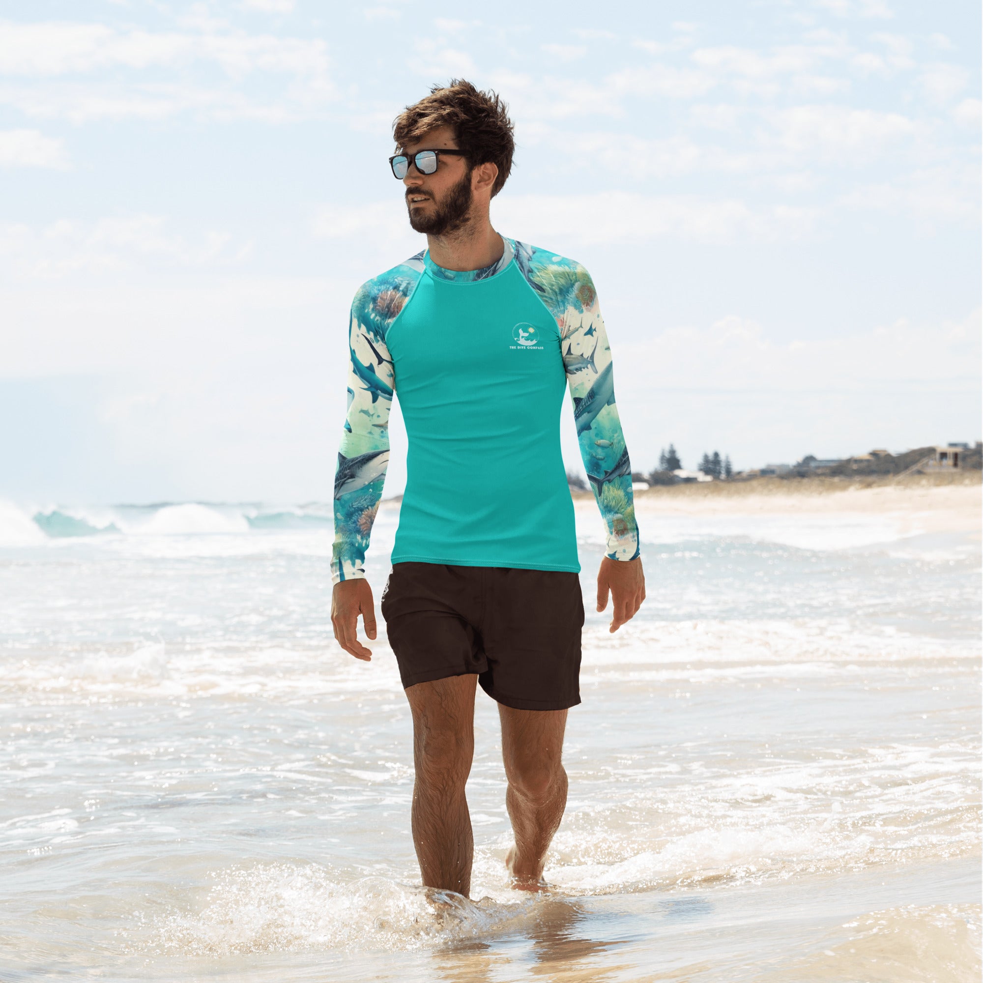 Shark Frenzy Men's Rash Guard – front view – long sleeve scuba diving rash guard for men in warm tropical waters