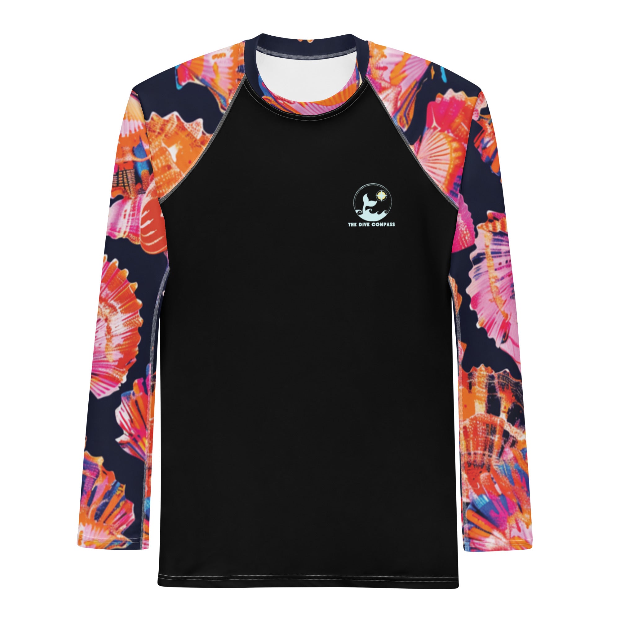 Neon Shells Men's Rash Guard – front view – men's rash guard that fits under a wetsuit for tropical reef diving