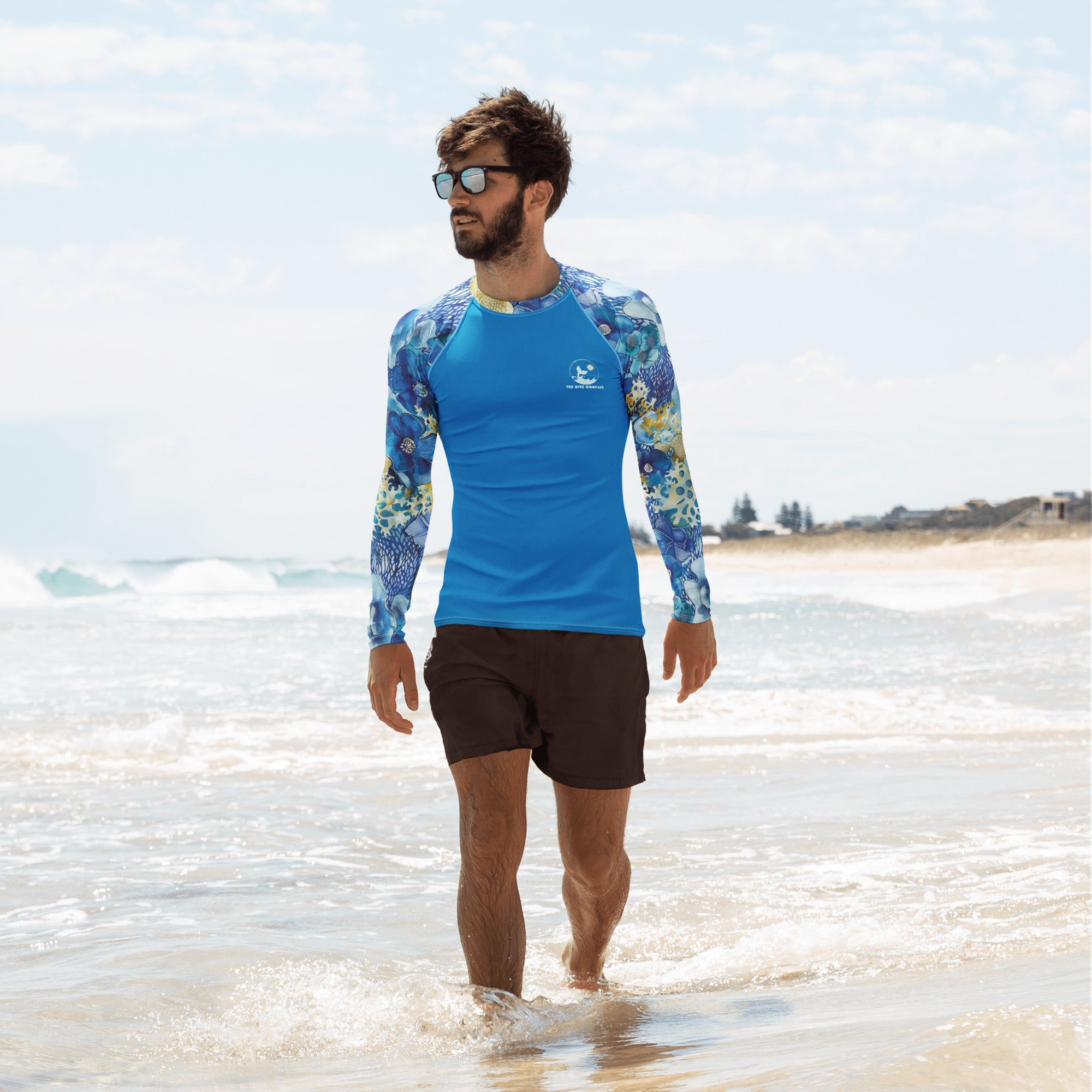 Coral Blossoms Men's Rash Guard – front view – men's rash guard for snorkeling, freediving, and reef adventures