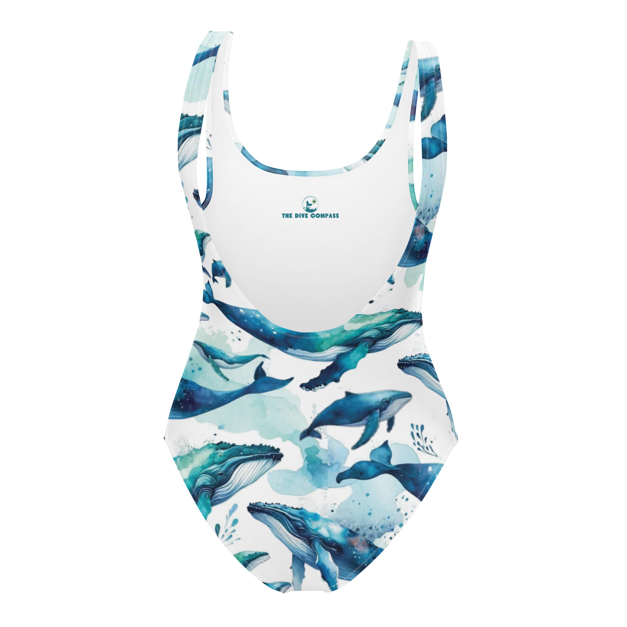 Humpback Dreams One-Piece Swimsuit – back view – one piece diving swimsuit that stays put under a wetsuit and rash guard
