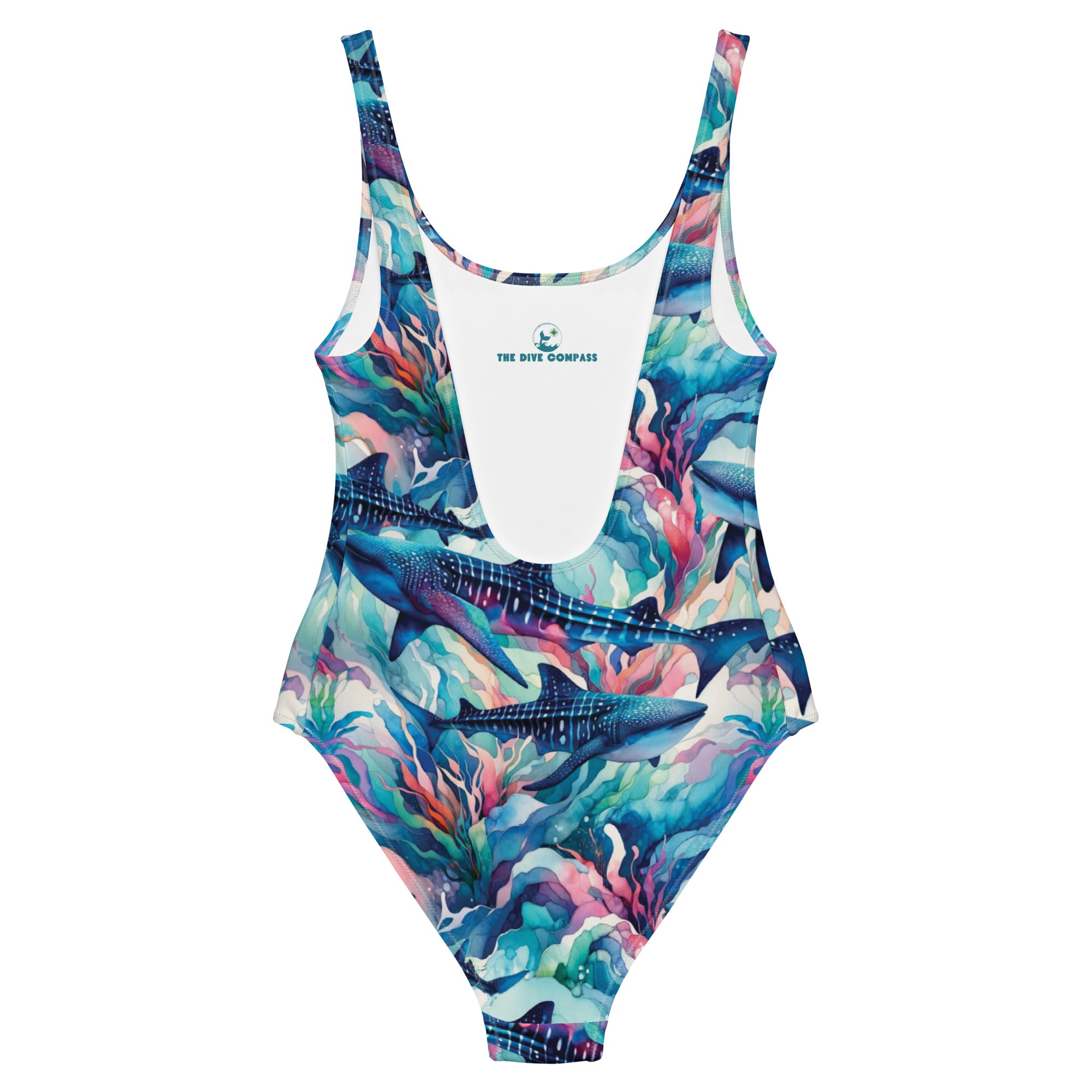 Electric Whale Shark One-Piece Swimsuit – back view – sustainable one piece swimsuit in recycled polyester for divers