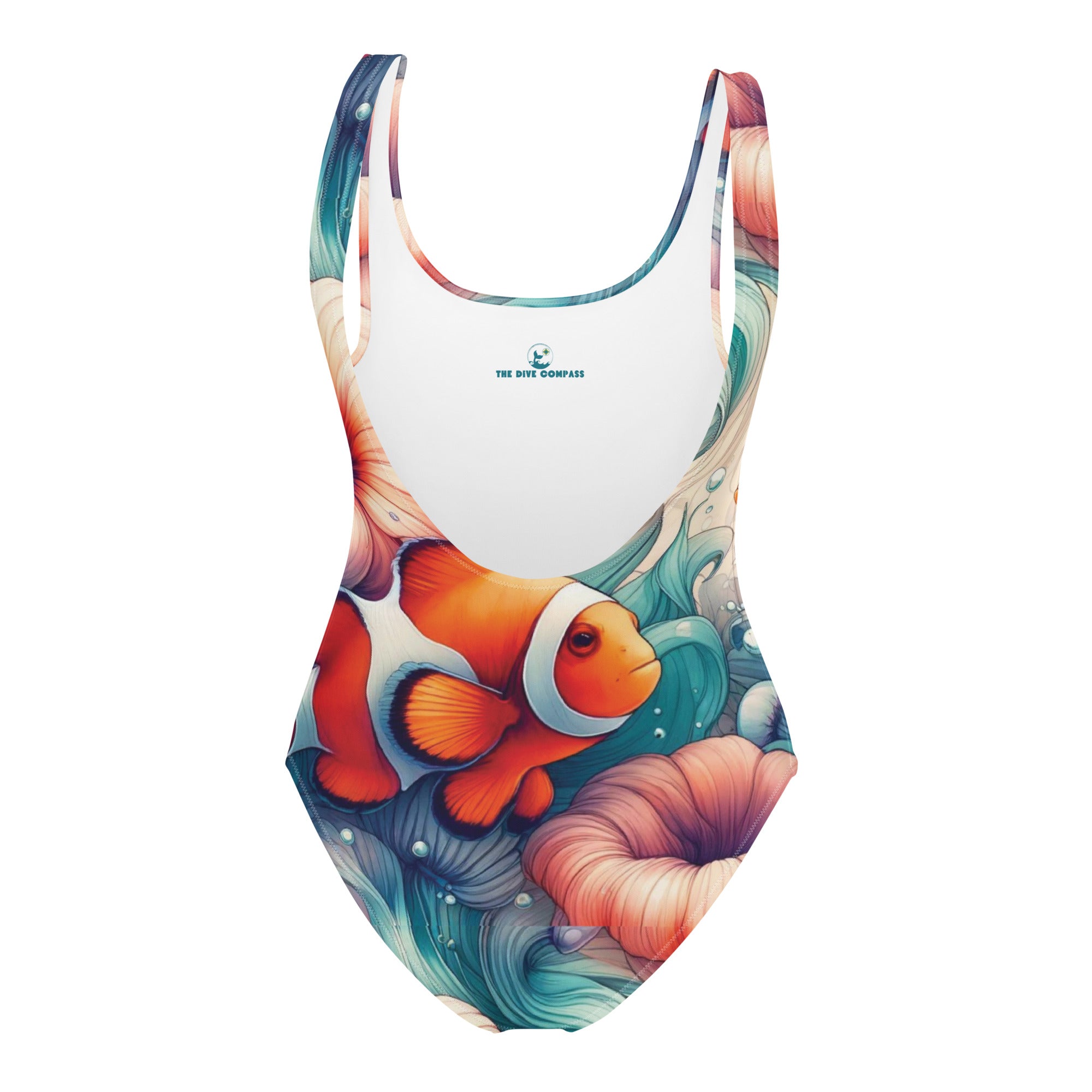 Clownfish Gardens One-Piece Swimsuit – back view – diving one piece swimsuit for warm water scuba and reef snorkeling