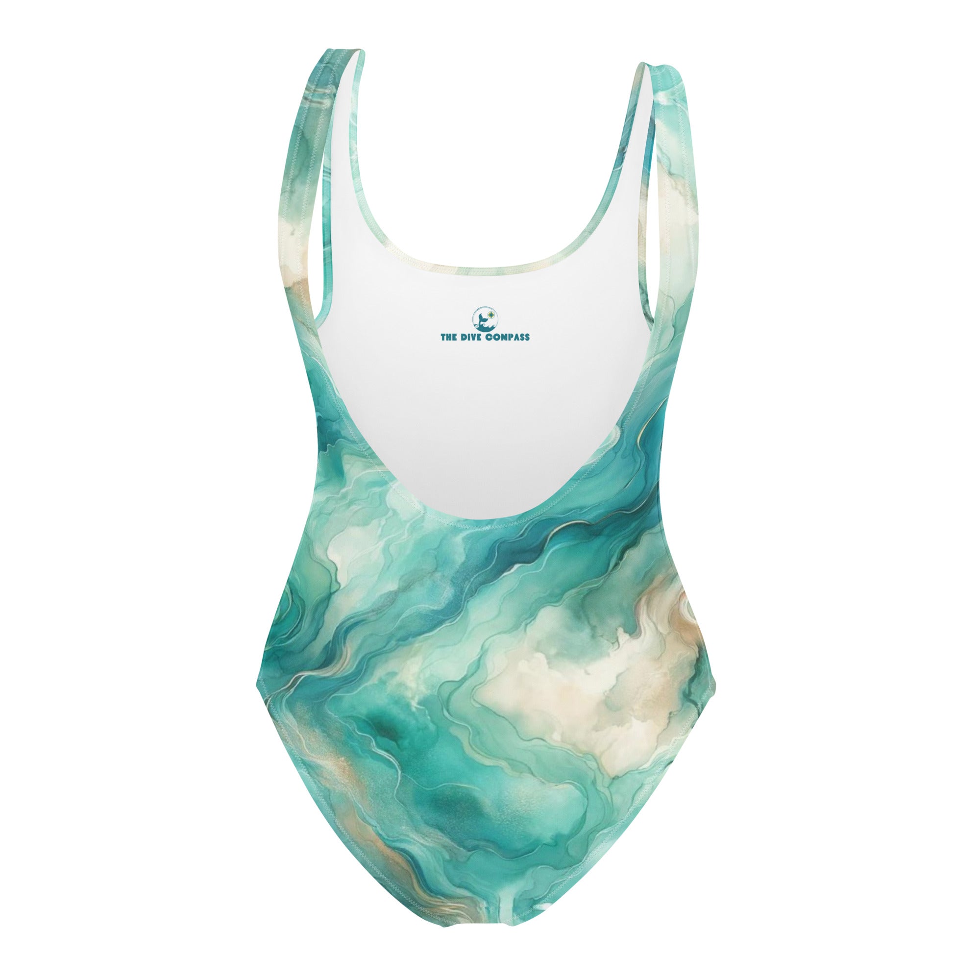 Turquoise Seas One-Piece Swimsuit – back view – scuba swimsuit one piece in soft recycled polyester for ocean lovers