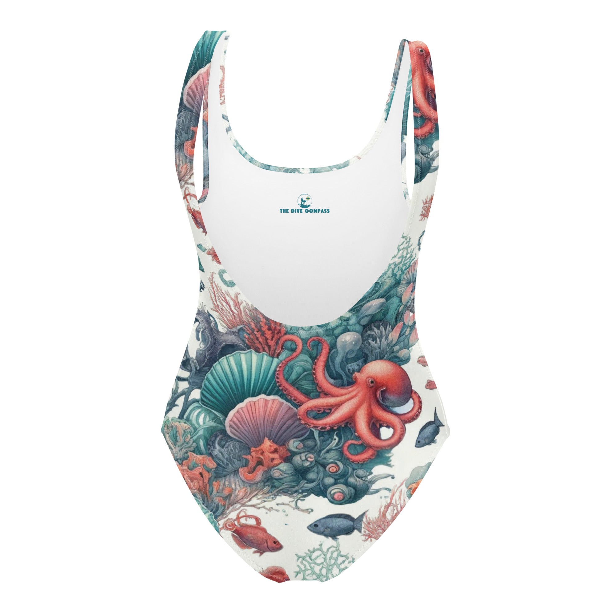 Octopus Reef One-Piece Swimsuit – back view – one piece diving swimsuit that stays put under a wetsuit and rash guard