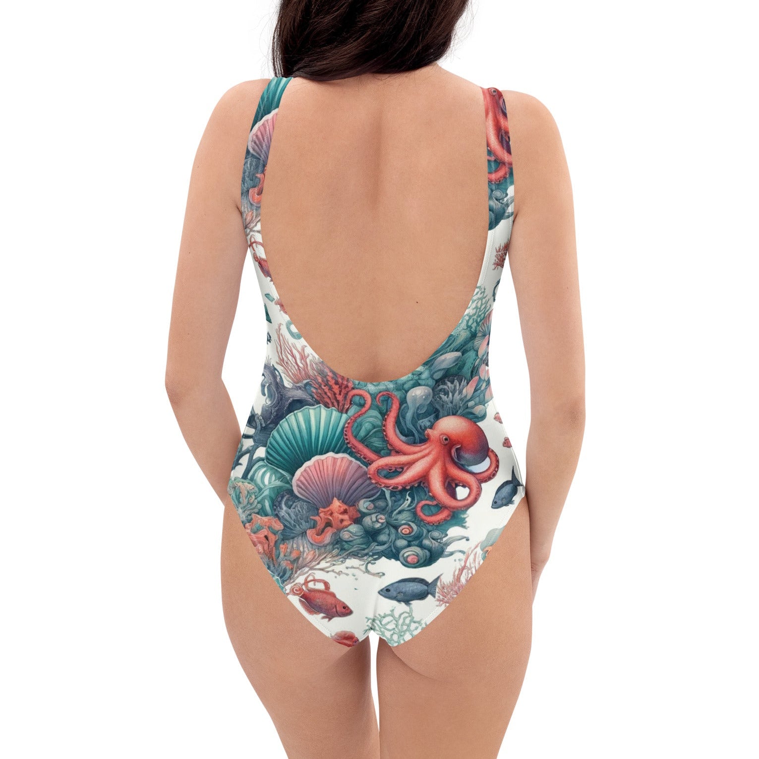 Octopus Reef One-Piece Swimsuit – back view – recycled one piece swimsuit for diving, snorkeling, and reef adventures