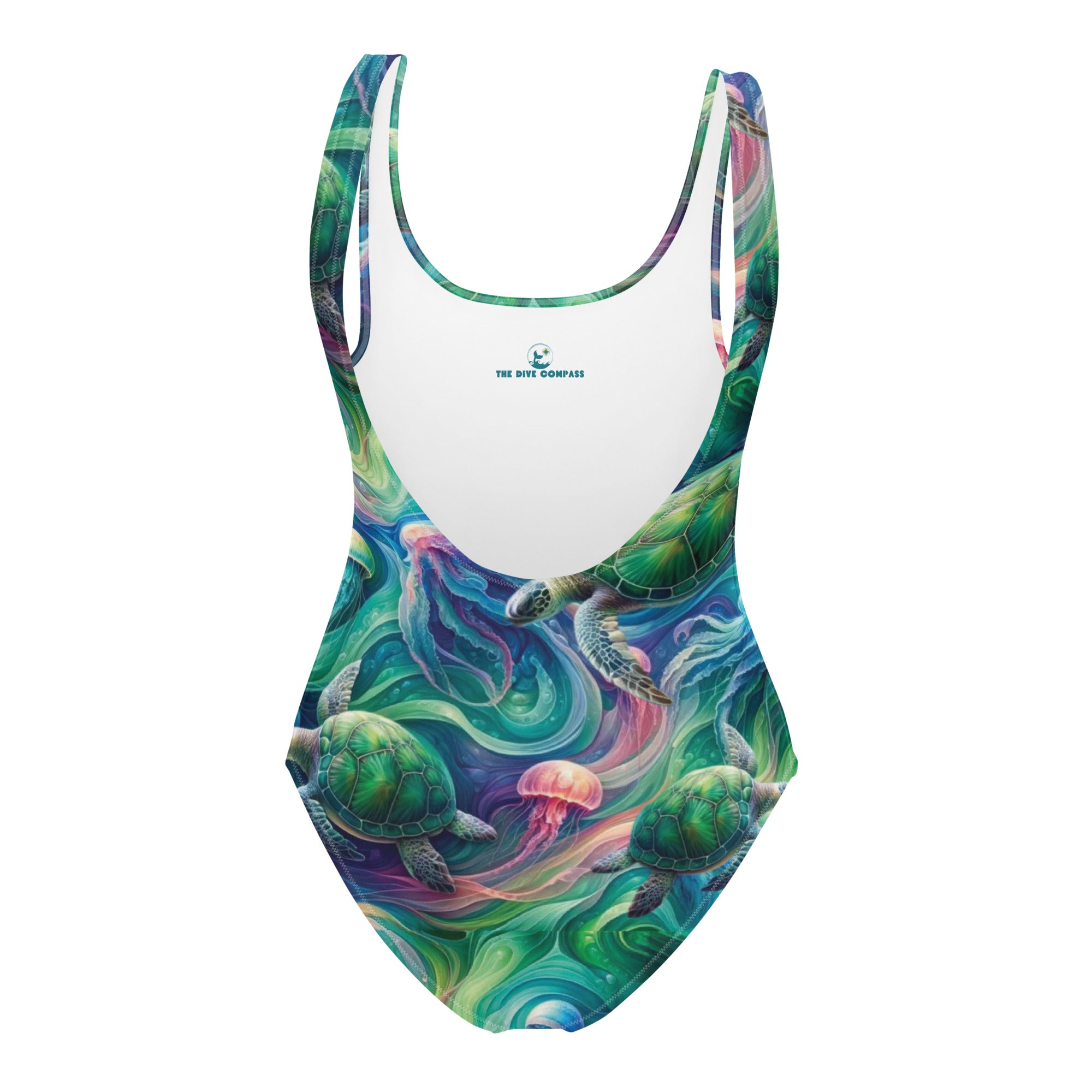 Psychedelic Turtle One-Piece Swimsuit – back view – scuba swimsuit one piece in soft recycled polyester for ocean lovers