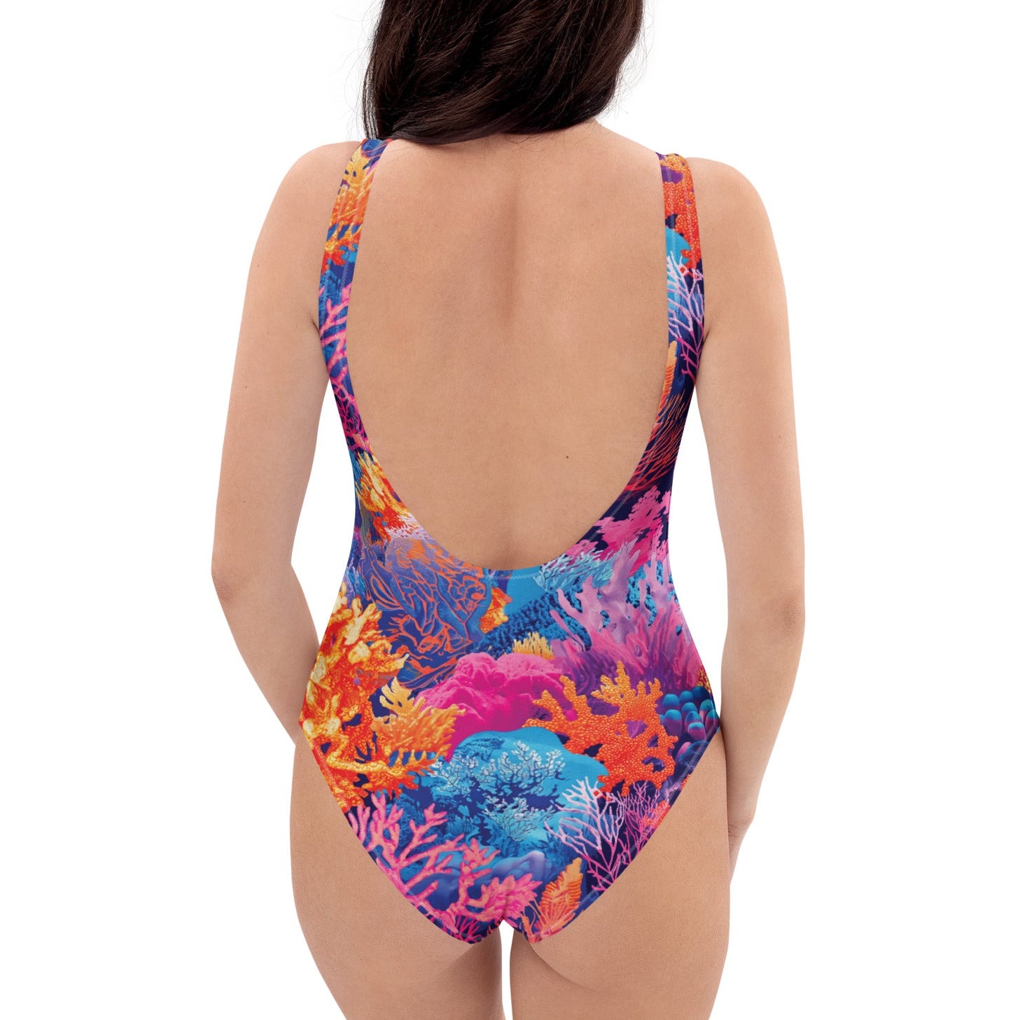 Fire Corals One-Piece Swimsuit – back view – recycled one piece swimsuit for diving, snorkeling, and reef adventures