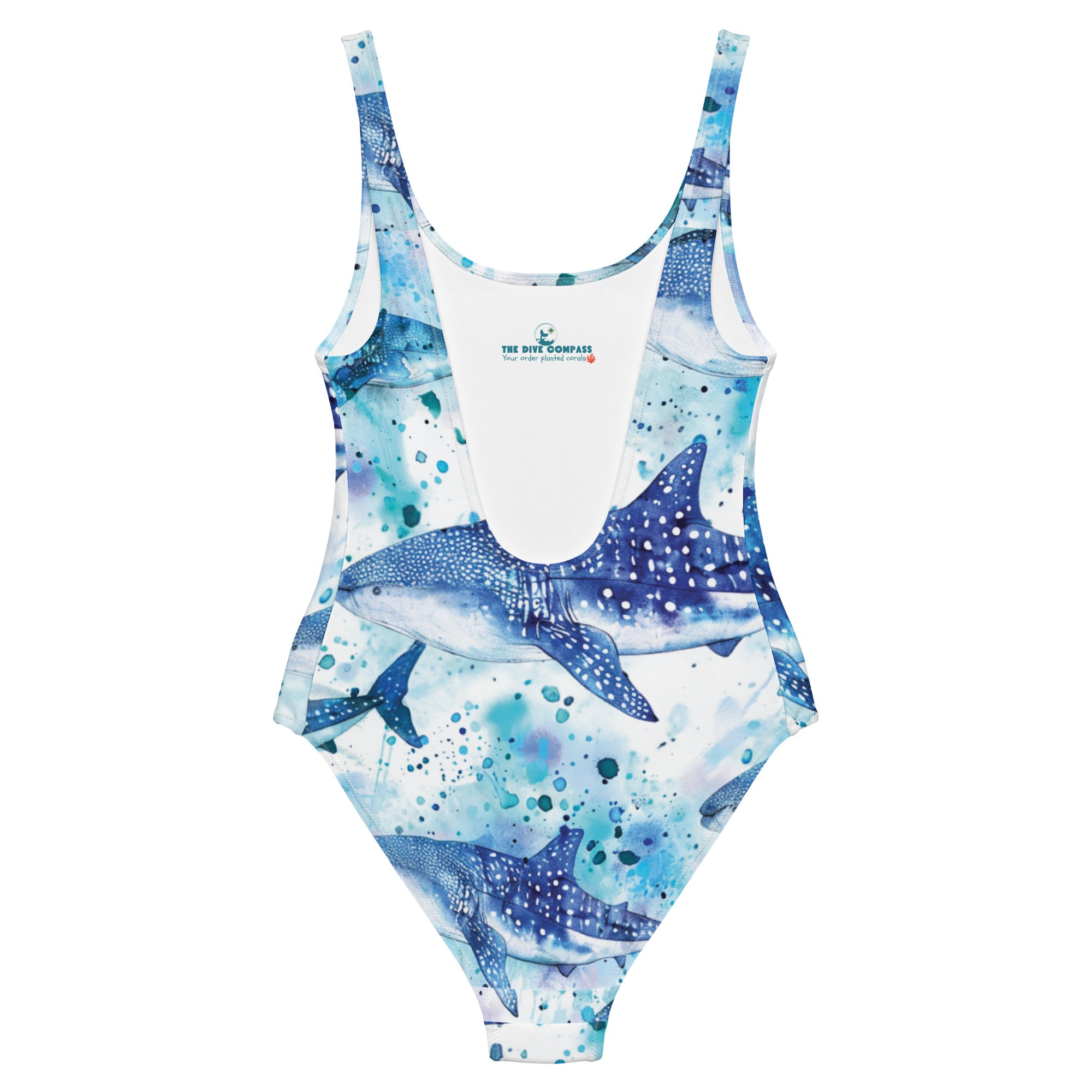 Whimsical Whale Shark One-Piece Swimsuit – back view – sustainable one piece swimsuit in recycled polyester for divers