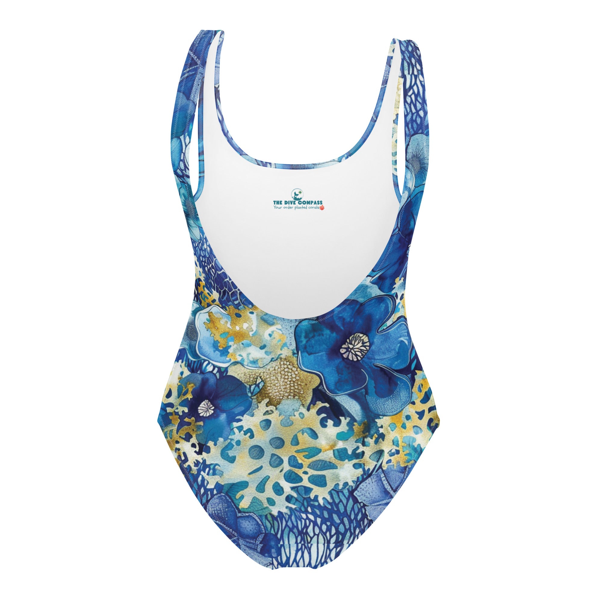 Coral Blossoms One-Piece Swimsuit – back view – one piece diving swimsuit that stays put under a wetsuit and rash guard