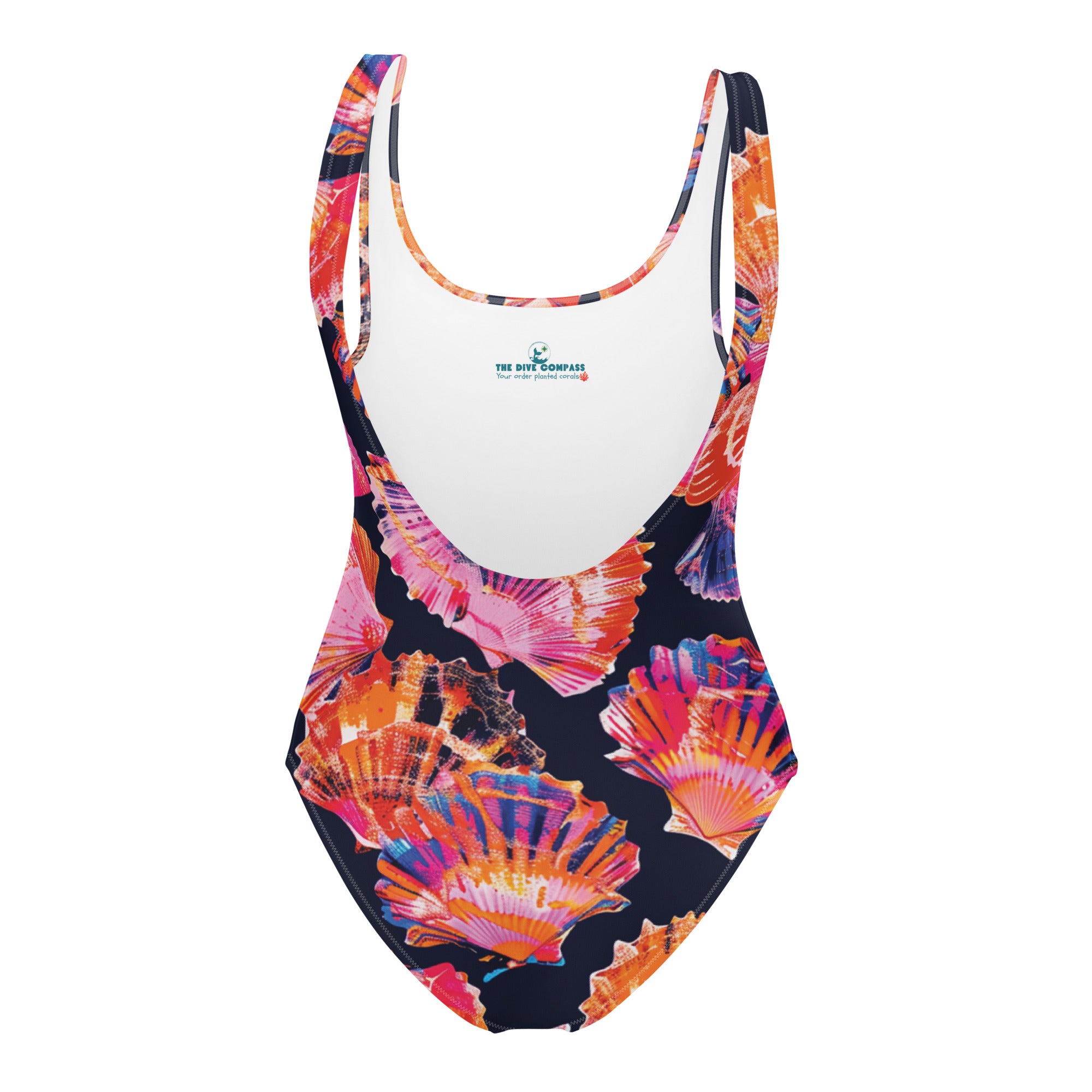 Neon Shells One-Piece Swimsuit – back view – sustainable scuba swimsuit made for divers in warm tropical waters