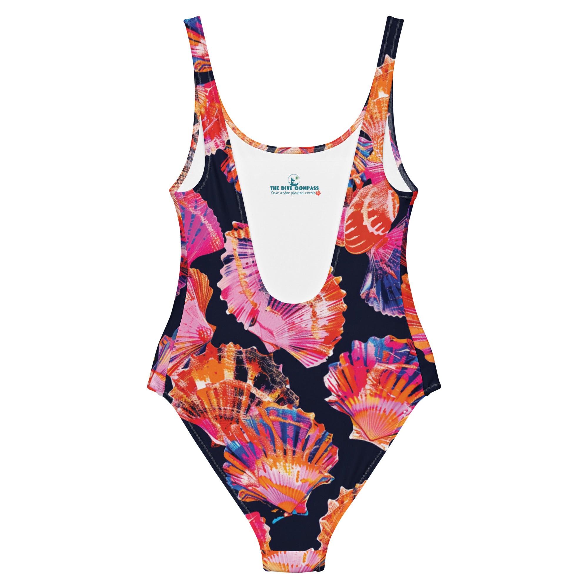Neon Shells One-Piece Swimsuit – back view – diving one piece swimsuit for warm water scuba and reef snorkeling