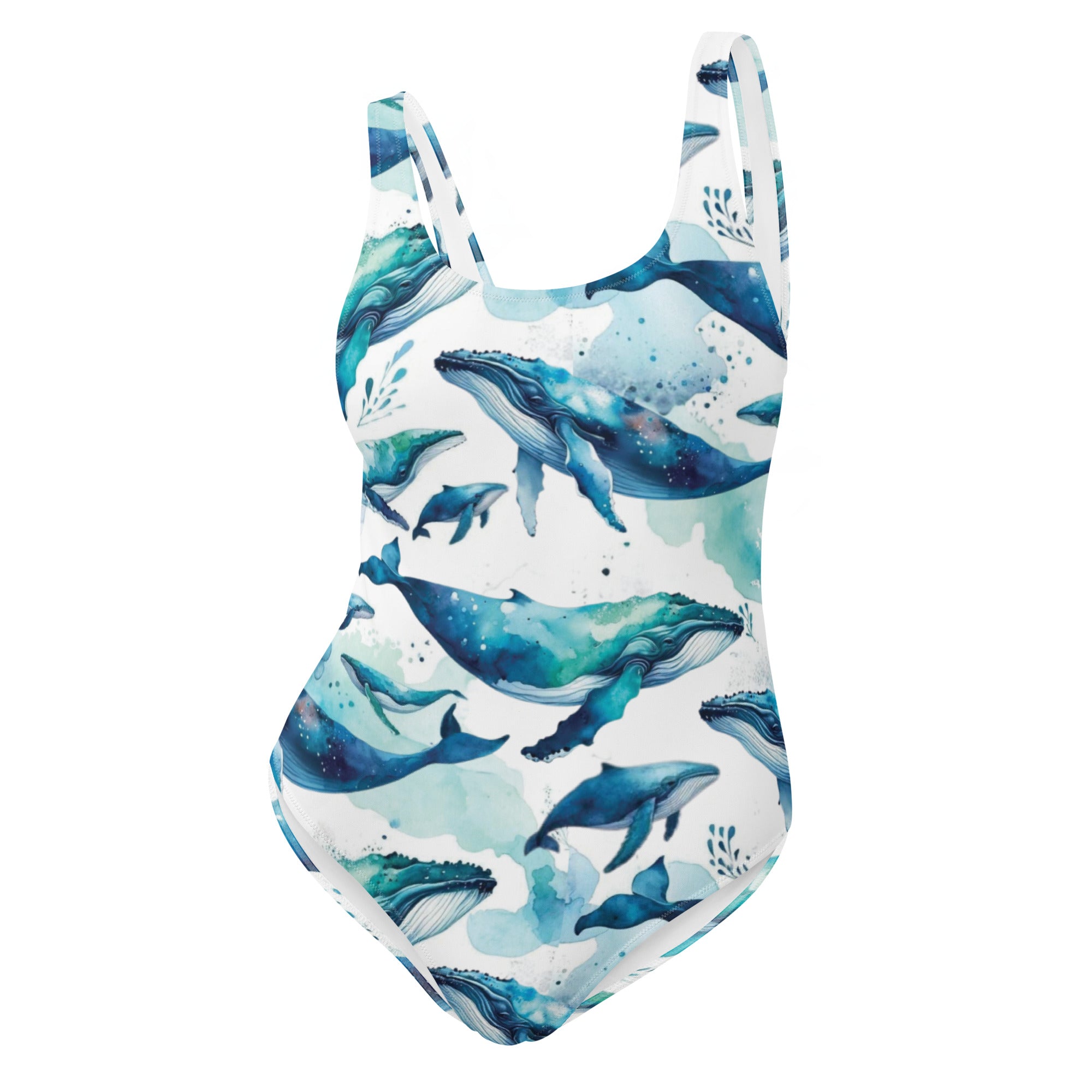 Humpback Dreams One-Piece Swimsuit – front view – scuba swimsuit one piece in soft recycled polyester for ocean lovers