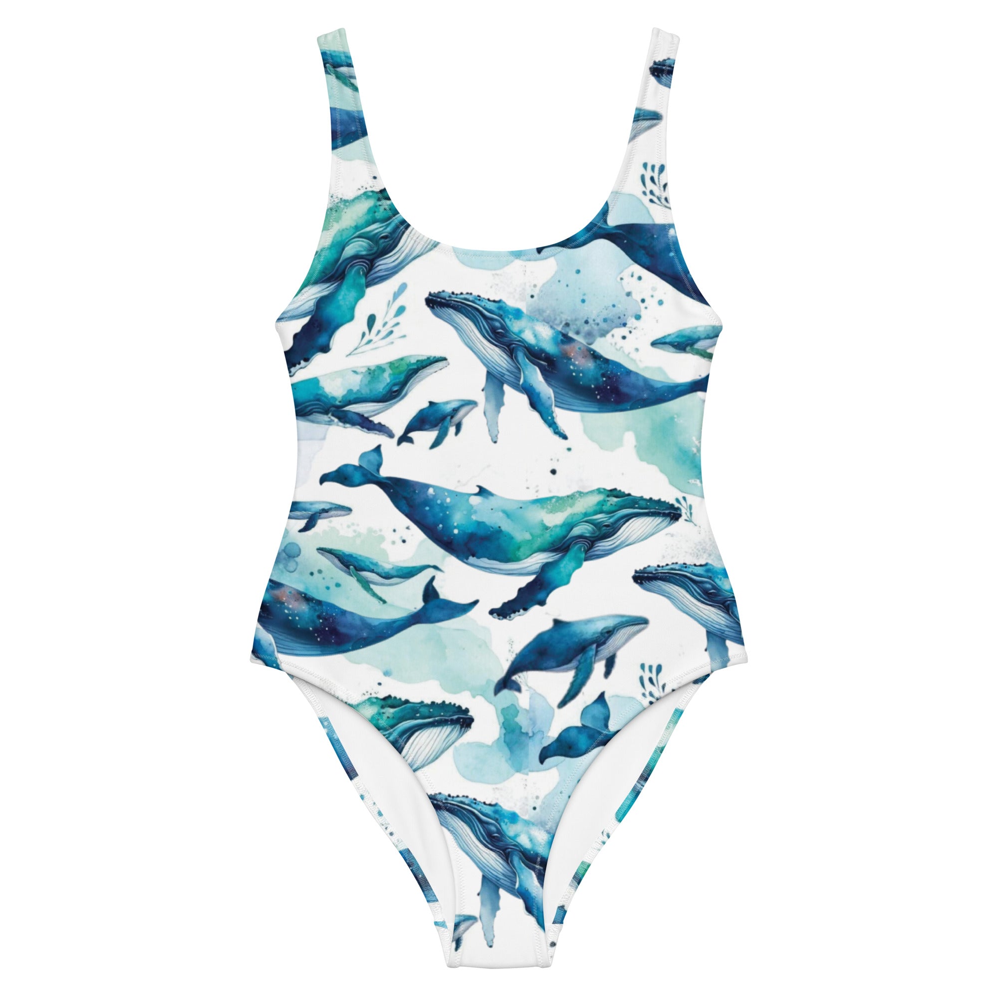 Humpback Dreams One-Piece Swimsuit – front view – one piece swimsuit for scuba diving, snorkeling, and tropical ocean days