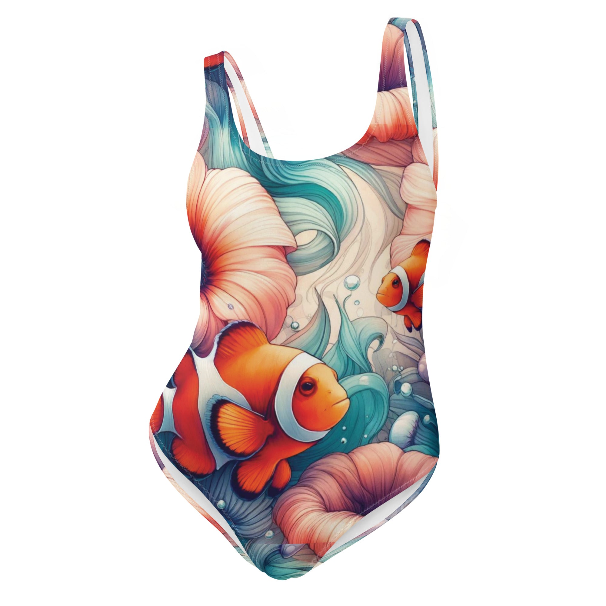Clownfish Gardens One-Piece Swimsuit – front view – one piece diving swimsuit that stays put under a wetsuit and rash guard