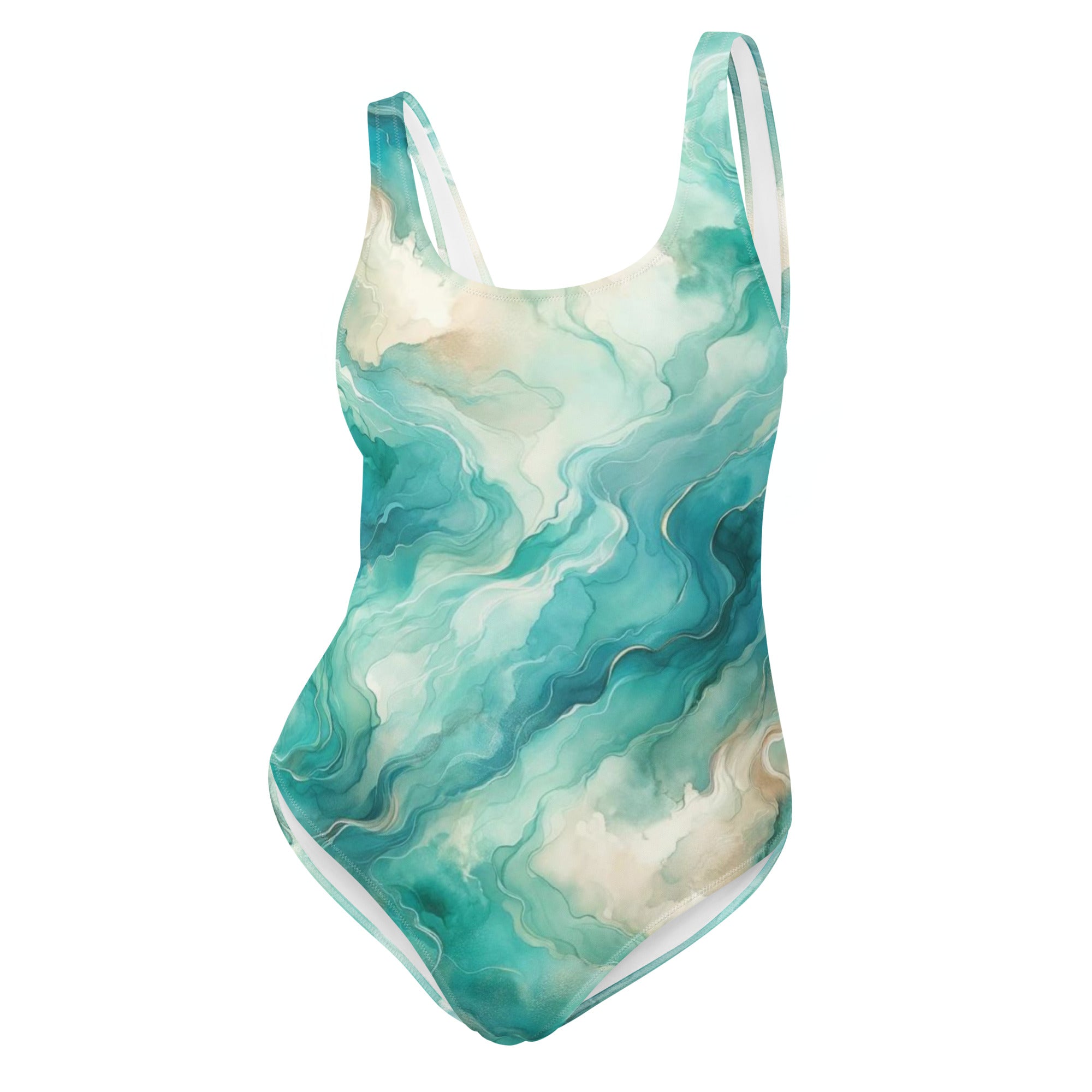 Turquoise Seas One-Piece Swimsuit – front view – sustainable scuba swimsuit made for divers in warm tropical waters