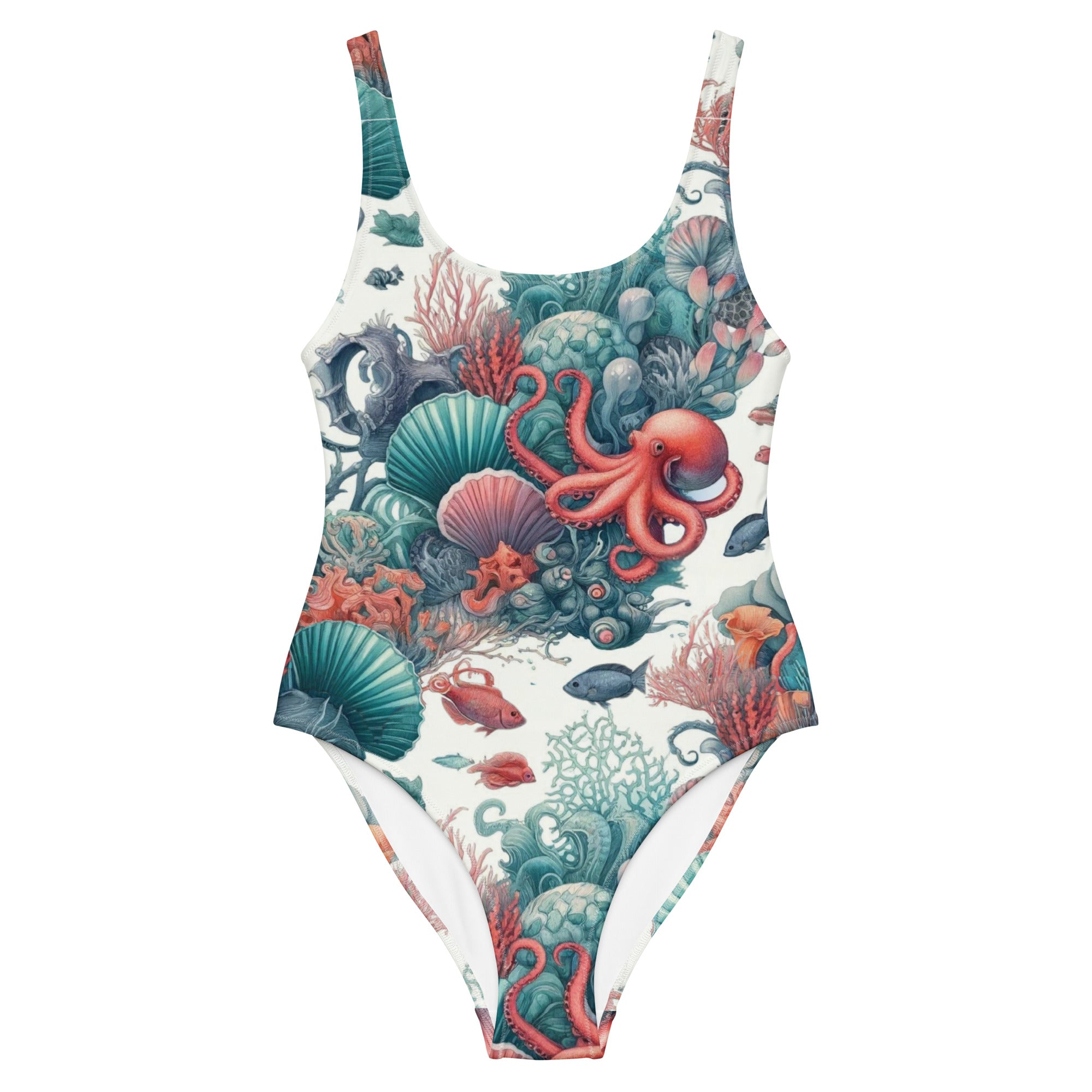 Octopus Reef One-Piece Swimsuit – front view – one piece swimsuit for scuba diving, snorkeling, and tropical ocean days